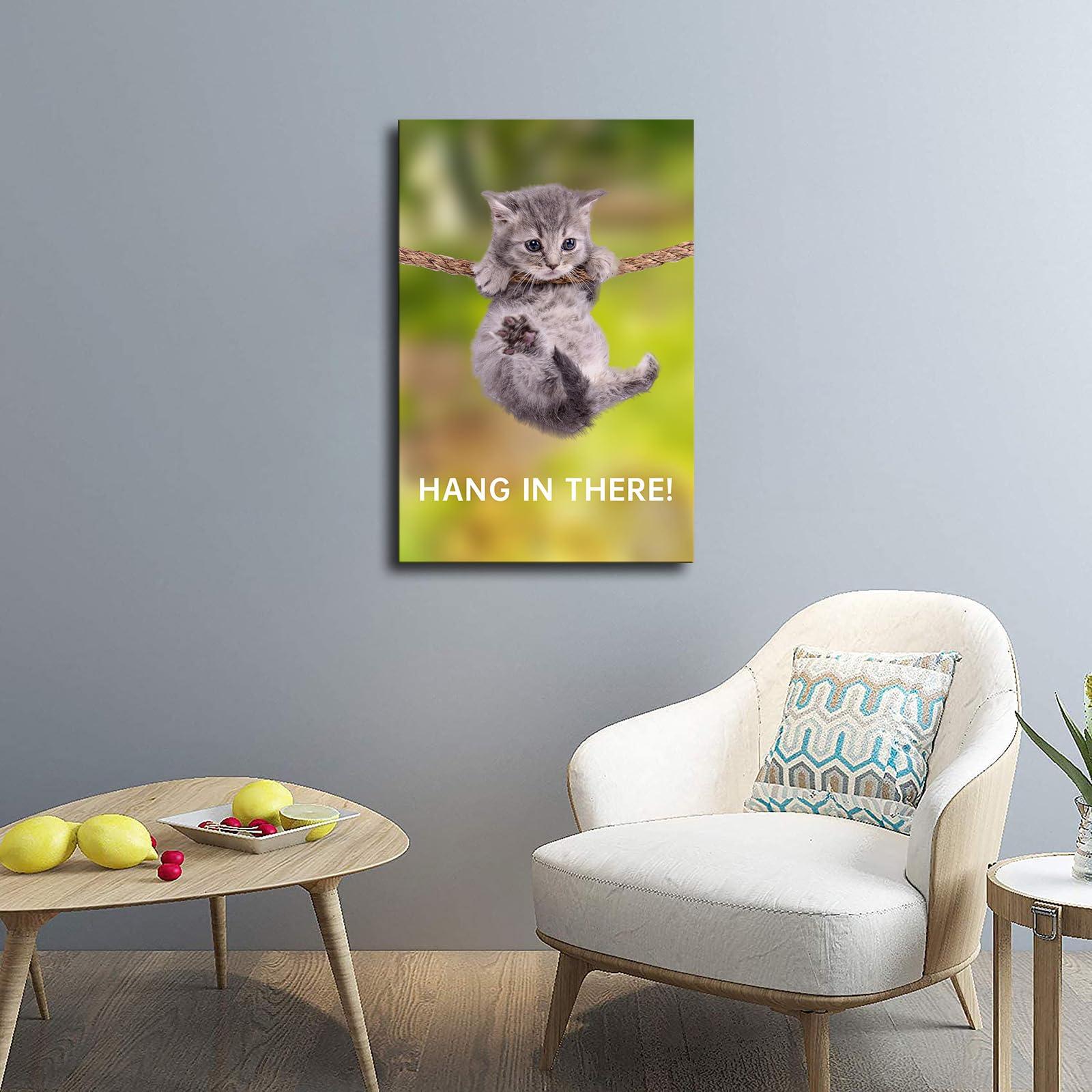 BybiO Hang In There Cat Poster - Funny Cat Posters for Wall, Motivational Cat Wall Art Inspirational Posters Print Canvas Home Living Room Bedroom Decor Mural (1624inch,Framed)