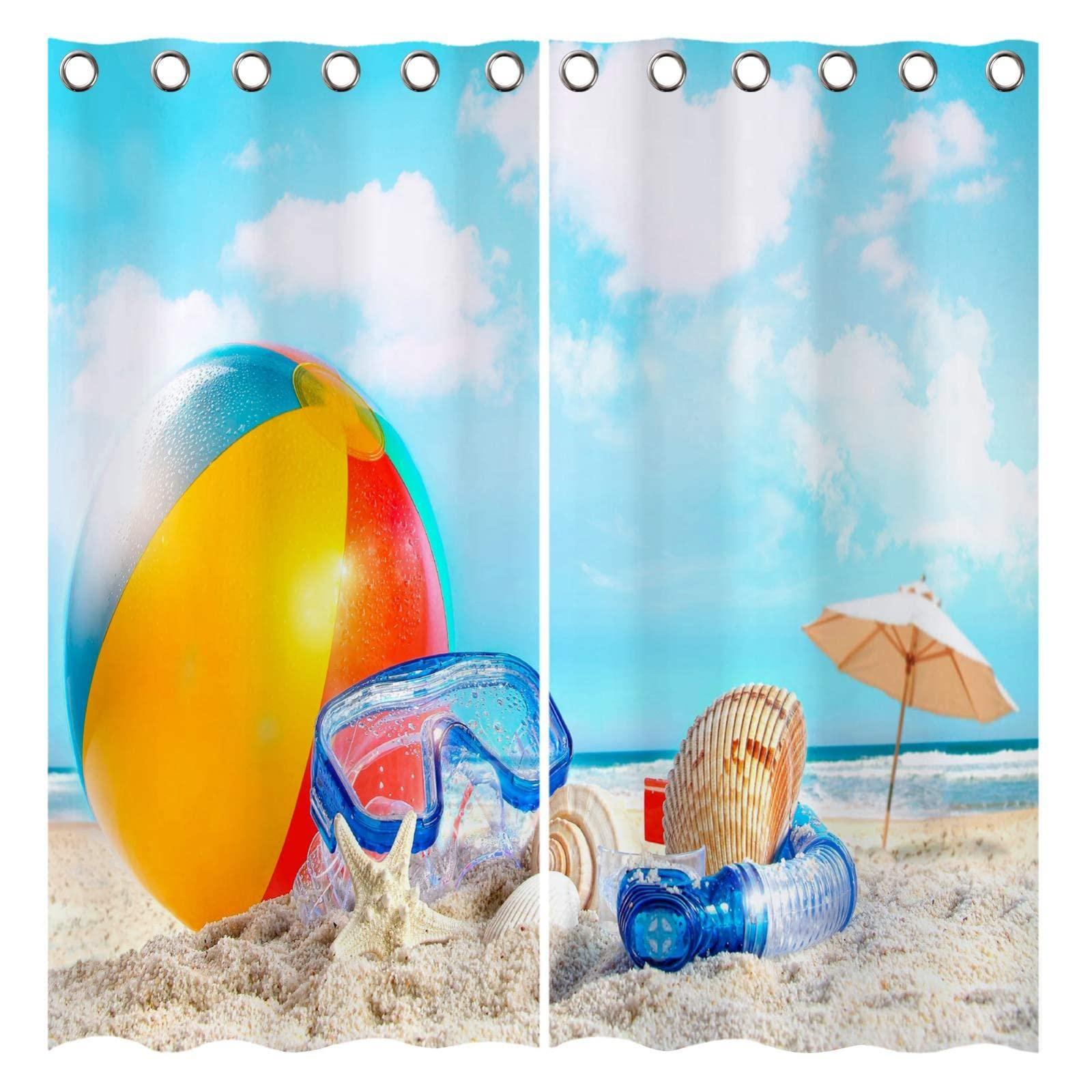 generic Co., Ltd. Coastal Beach Blackout Curtains, 3D Summer Ball Seashell Conch Print Window Curtains, Thermal Insulated Darkening Grommet Drapes 2 Panel Set for Living Room Bedroom Kitchen Decor 55" W x 45" L