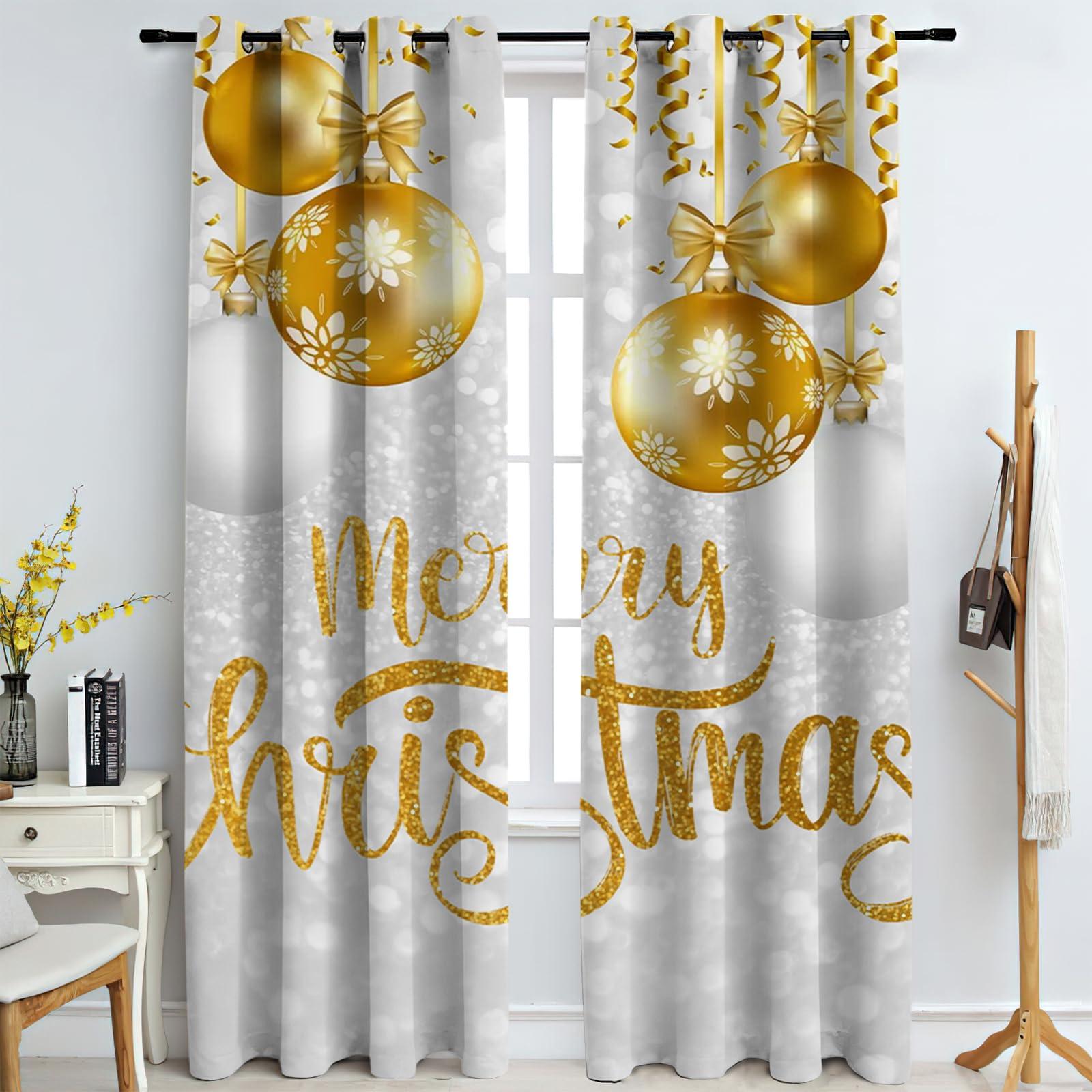 TOARTE TOARTE Golden Christmas Tree Window Treatments, Merry Christmas On Gray Background Blackout Curtains for Bedroom, Grommet Thermal Insulated Window Curtain, for Bedroom Living Room Patio - 84x84in