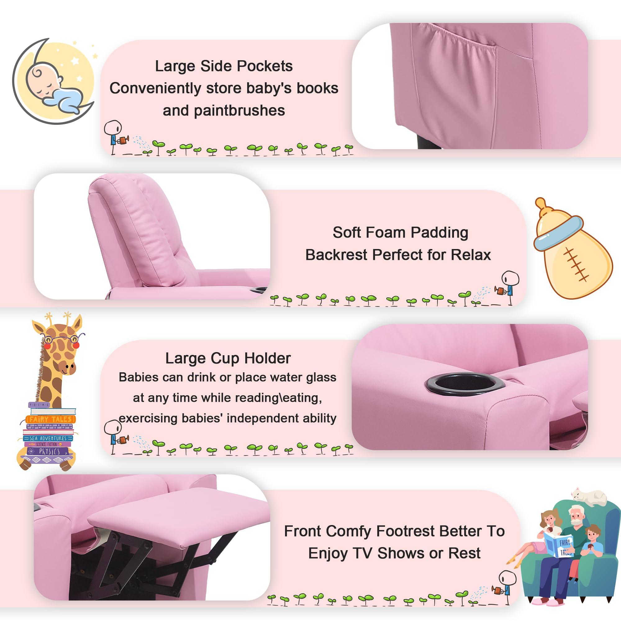 hzlagm hzlagm Kids Recliner Chair with Cup Holder, Toddler Recliners for Kids Age 0-5 with Side Pockets and Non-Slip Footstool, Child Recliners for Girls Boys Kids Room, Children\'s Rooms, Pink