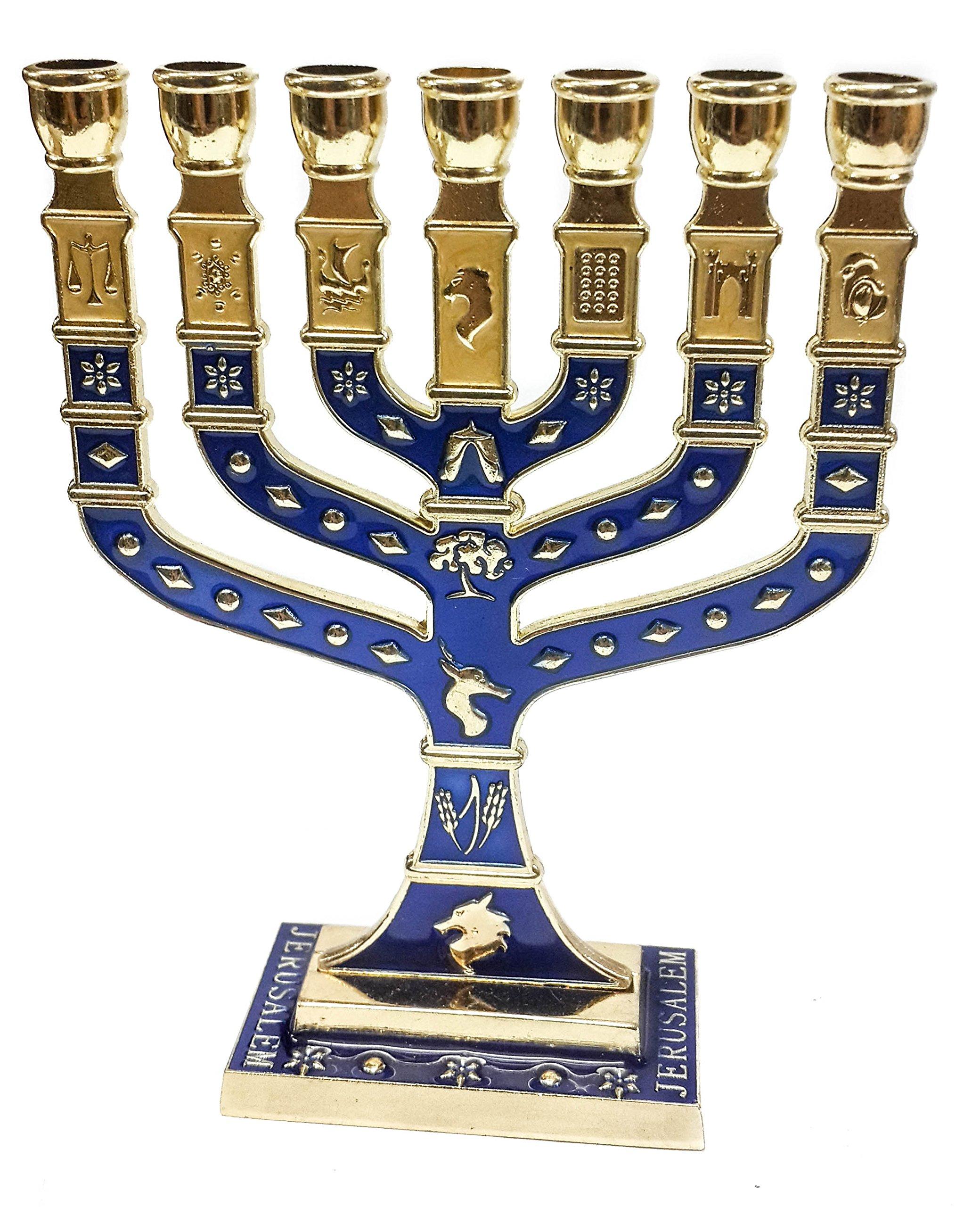 Nazareth Market Store Golden Menorah 7 Branch 12 Tribes Of Israel Jerusalem Menora Blue Enamel 4.7"