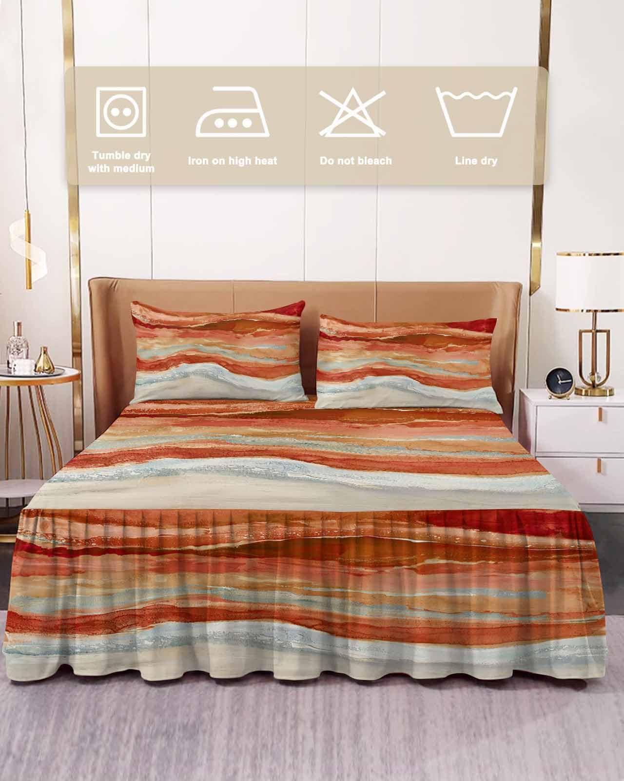 RisQiten RisQiten Burnt Orange Coastal Bed Skirt Sheet Set 1 Bed Sheet & 2 Pillowcases, Bed Skirt Cal King Size 18 Inch Drop, Summer Beach Nautical Abstract Art Wrap Around Bed Skirts, Bedding Skirt Bedspread