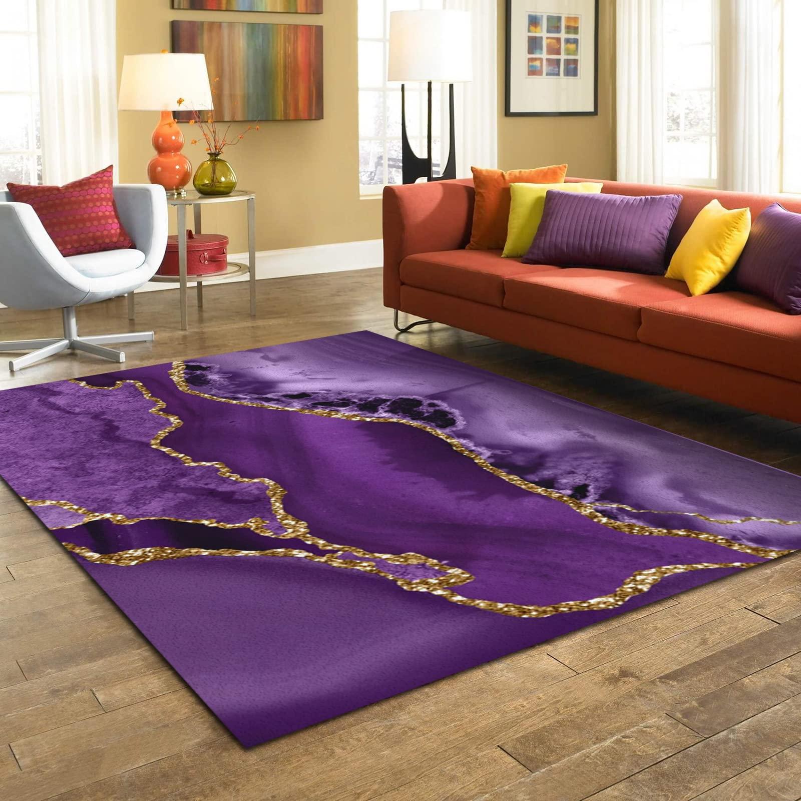 SEALFO Purple Simple Area Rug, Trendy Gold Washable Rug, Indoor Outdoor Rug Machine Washable Non Slip for Bed Room Living Room Dining Room Backyard Deck Patio-3ft5ft