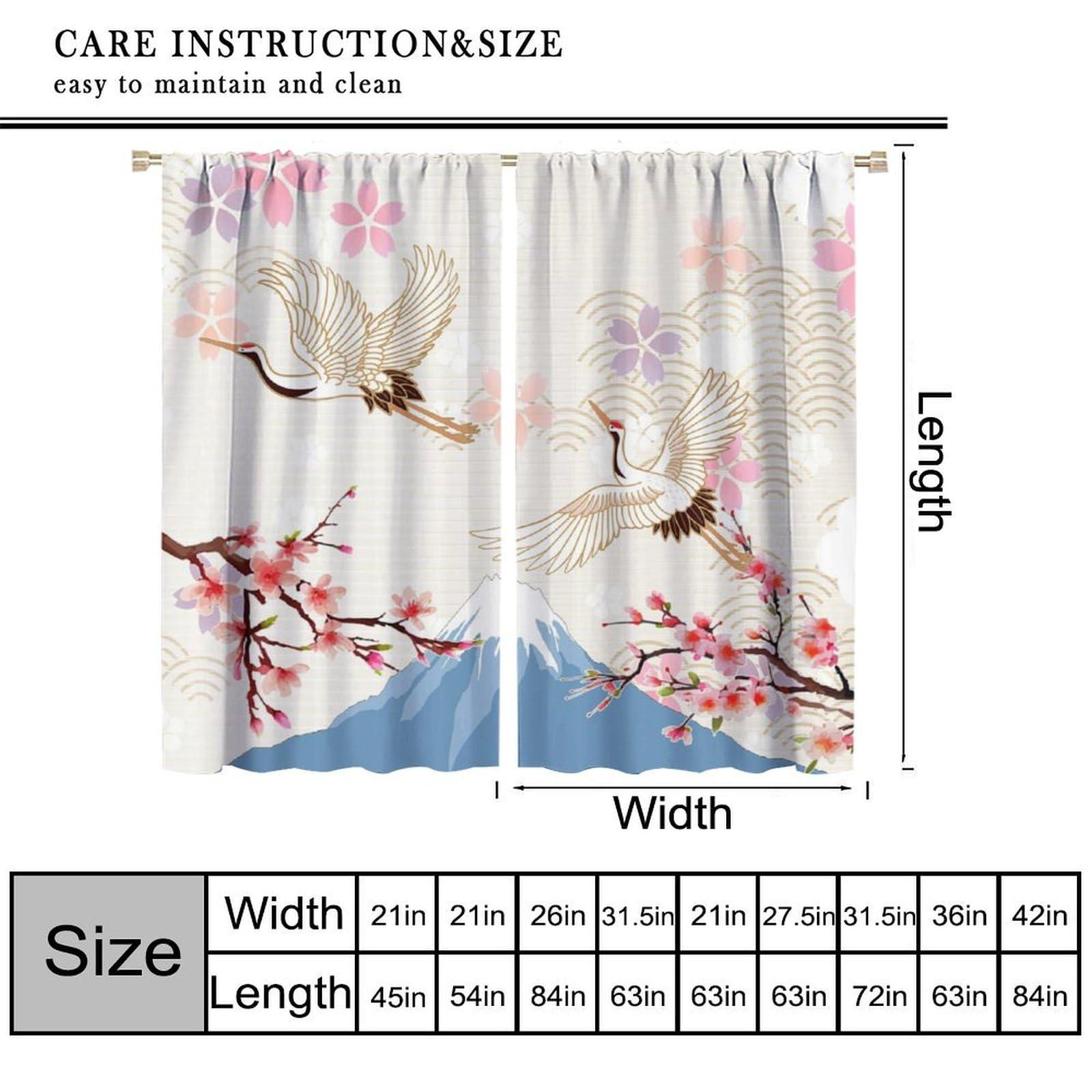 QYUNZS QYUNZS Asian Curtains Japanese Crane Cherry Flowers Art Printed Rod Pocket Blackout Window Drapes for Bedroom Living Room Kitchen Decor Fabric 2 Panel W42xL84in