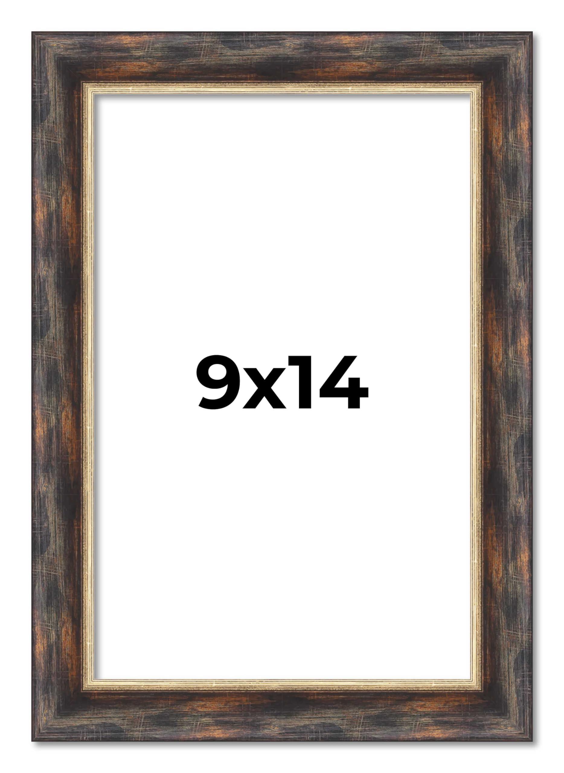 CustomPictureFrames.com 9x14 Frame Dark Brown Oak with Gold Fillet Solid Wood Picture Frame | 1.5 Inch Moulding Width | Garrett Modern Photo Frame Complete with UV Acrylic, Foam Board Backing & Hanging Hardware