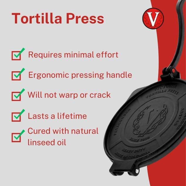 Victoria Victoria 8-Inch Commercial-Grade Cast-Iron Tortilla Press, Made from Super-Durable HD Iron, Made in Colombia
