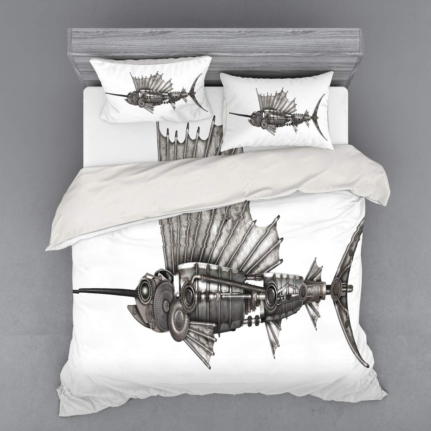 Ambesonne Ambesonne Steampunk Bedding Set, Mechanical Animal Photo of Steampunk Style Sailfish Designed with Wheels, 4 Piece Duvet Cover Set with Shams and Fitted Sheet, King Size, Grey and White