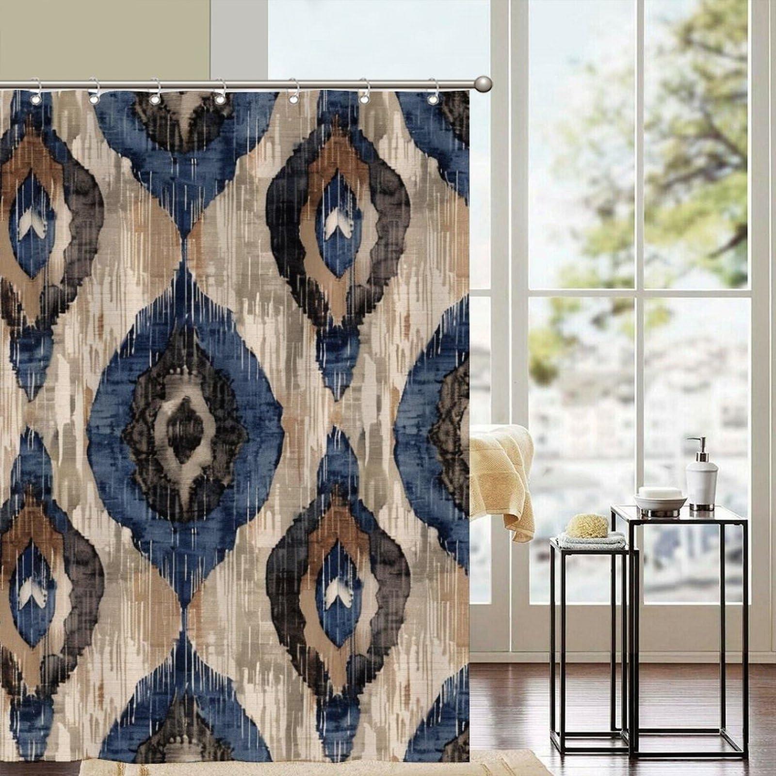 Yinrune Yinrune Indigo Ikat Abstract Blue Waterproof Polyester Fabric Shower Curtain with Hooks, 60x72 Inch Shower Curtains Bathroom Curtains Decor, Shower Curtain Sets Machine Washable