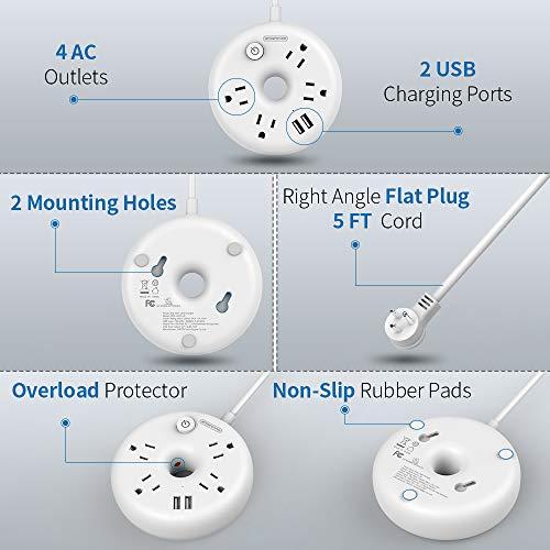 NTONPOWER NTONPOWER Power Strip Flat Plug with Circuit Breaker, 4 Outlet 2 USB Desktop Charging Station with 5ft Extension Cord, Wall Mount Compact for Travel Home Office Bedside