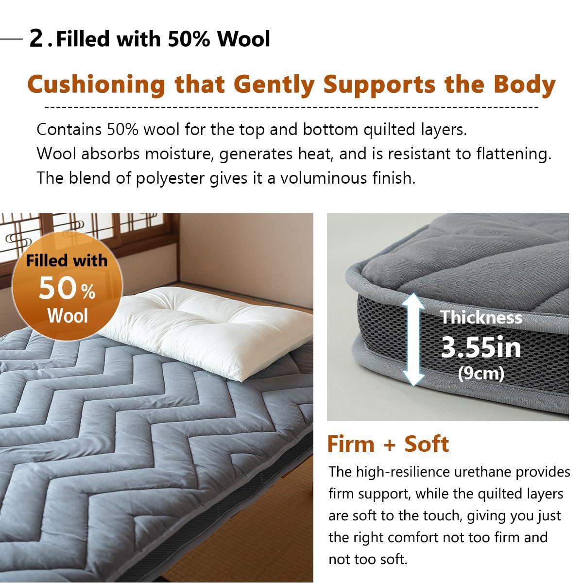 EMOOR EMOOR Japanese Wool-Blend Padded Futon Mattress GOMA Queen Dark Gray, Gusset Foldable Sotrable Elastic Bands Floor Sleeping Guest Bed Tatami Mat