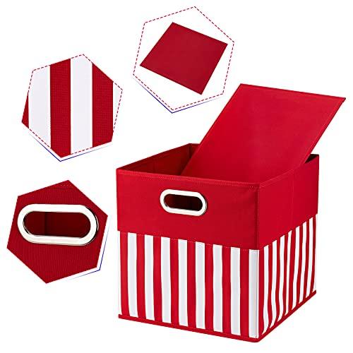 HSDT HSDT Fabric Storage Cube Bins 13x13x13 Inch Foldable Boxes Red Cloth Basket with White Strip Pattern for Shelves or Closet Organzier ,QY-SC34-3