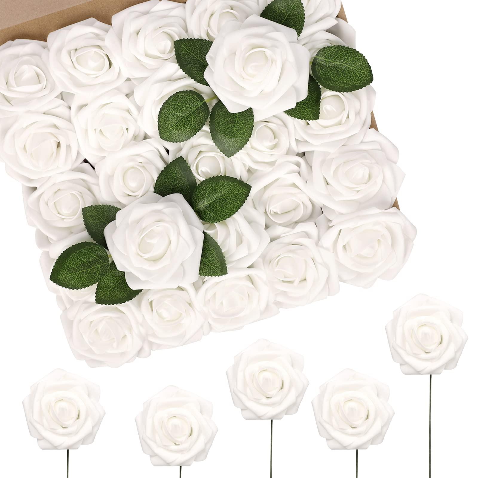 N&T NIETING N&T NIETING Rose Artificial Flowers 25pcs Fake Flowers Rose Perfect and 50pcs Foam Roses White
