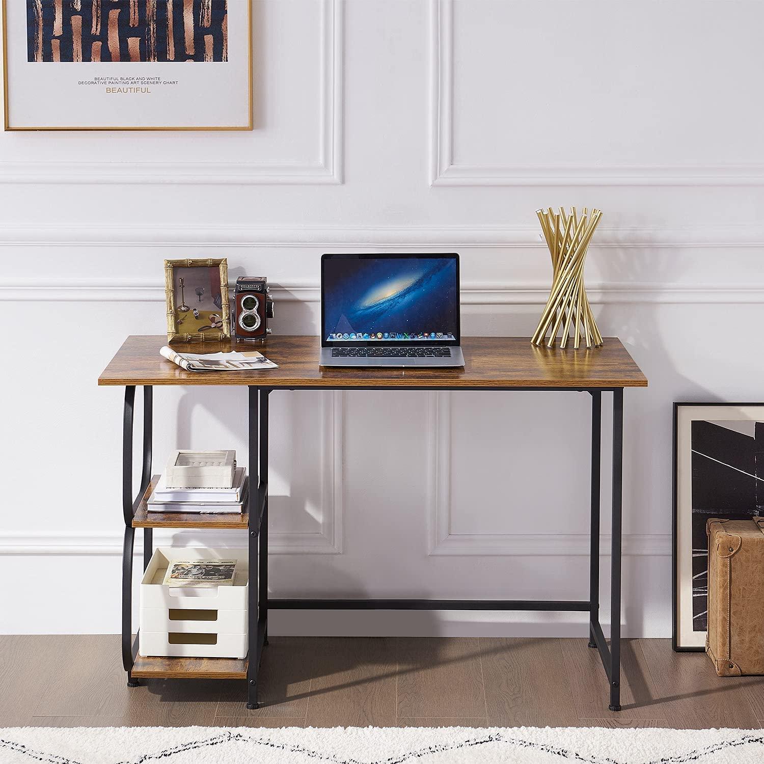 Annivia Anivia Writing Computer Home Office Desk with 2 Storage Shelves on Left or Right Side, Industrial Simple Style Wood Table Metal PC Laptop Notebook, 47\", Rustic Brown + Black Frame