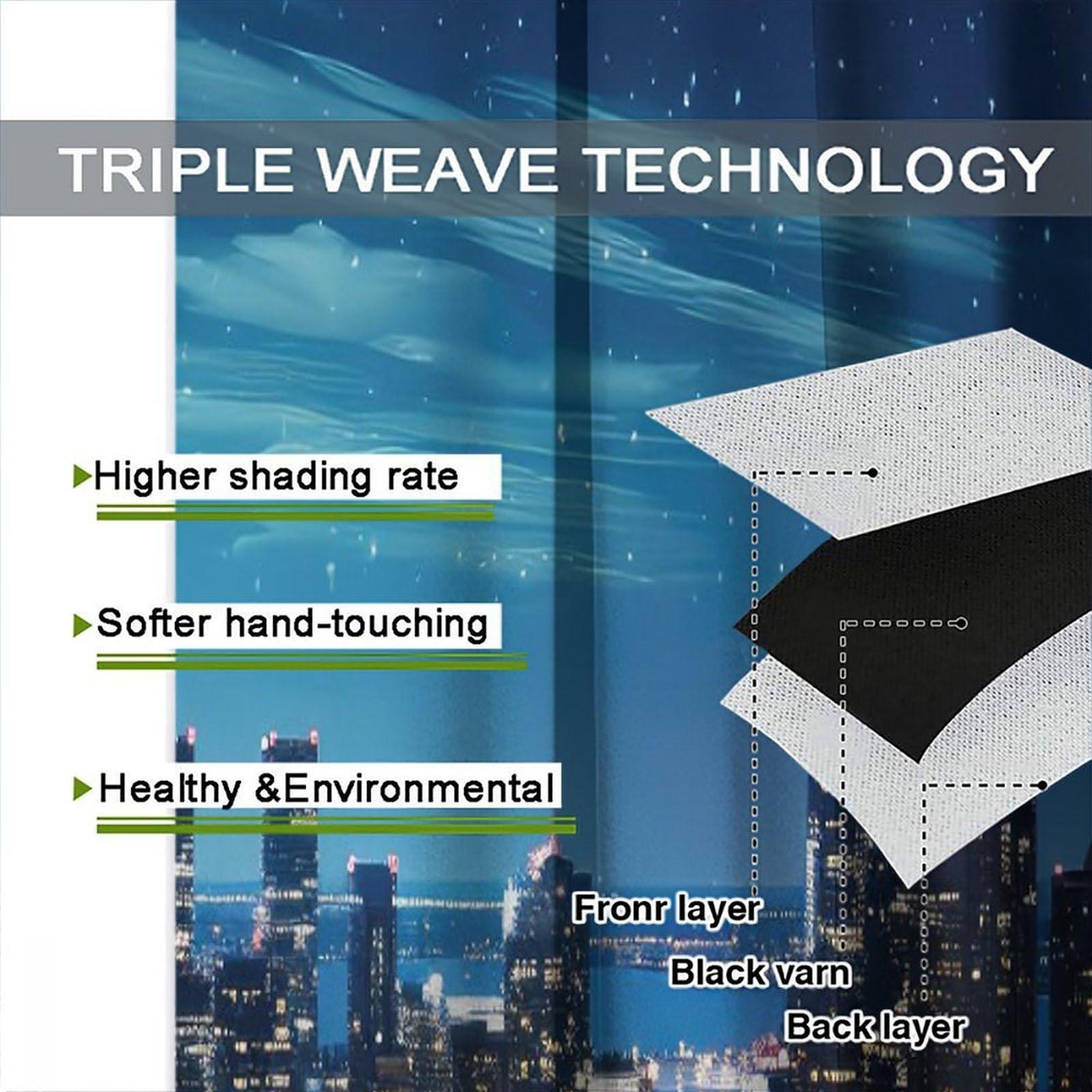 BATPLY Modern City Landscape Curtains, Dreamy Glitter Aurora Starry Sky Decor Night Riverside Urban Skyscraper Scenery Drapes, Blackout Rod Pocket Window Treatments for Living Room Bedroom Bathroom 63x72in