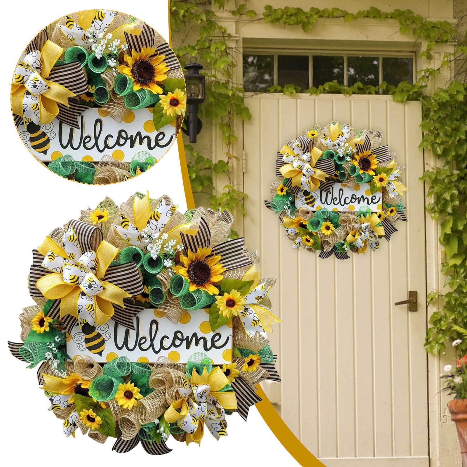 Generic Generic Sunflower Wreath Summer Wreaths for Front Door, Sunflower Wreath Reef Sunflowers Holiday Outdoor Ornaments Butterfly Party Home Pansy Garland Bumble Bee All Seasons, Yellow