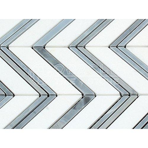 Oracle Tile & Stone Thassos White Greek Marble Chevron Large (Blue & Gray Strips) Mosaic Tile, Honed
