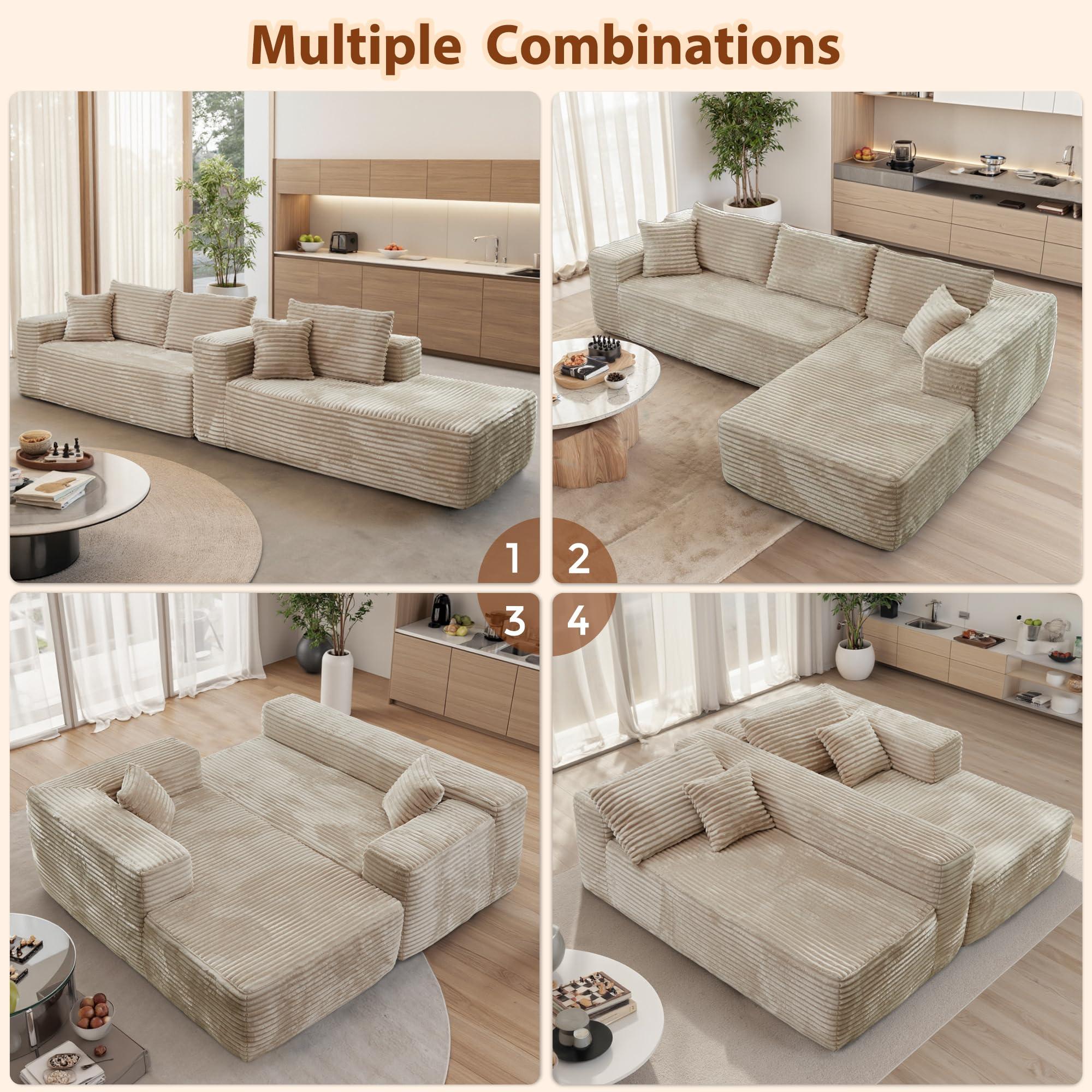 OOBOLT 104" Cloud Couch Deep Seat, L Shape Couches for Living Room, No Assembly Required, Sectional Sofas with Right Chaise, Beige Plush Velvet