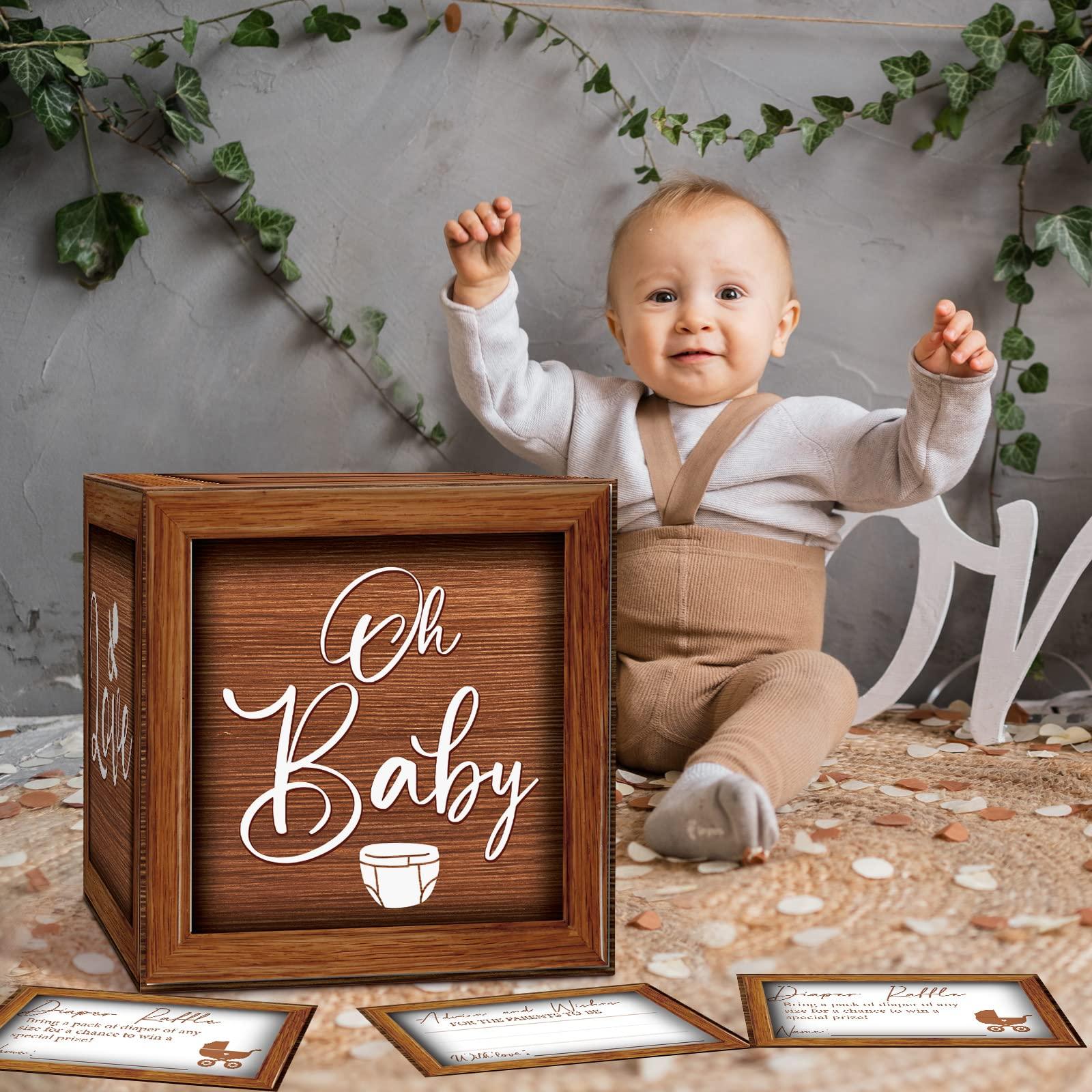 Teling Teling 51 Pieces Diaper Raffle Tickets with Card Box Baby Shower Decorations Baby Shower Holder Box for Girl Boy Diaper Raffle Party(Wooden)