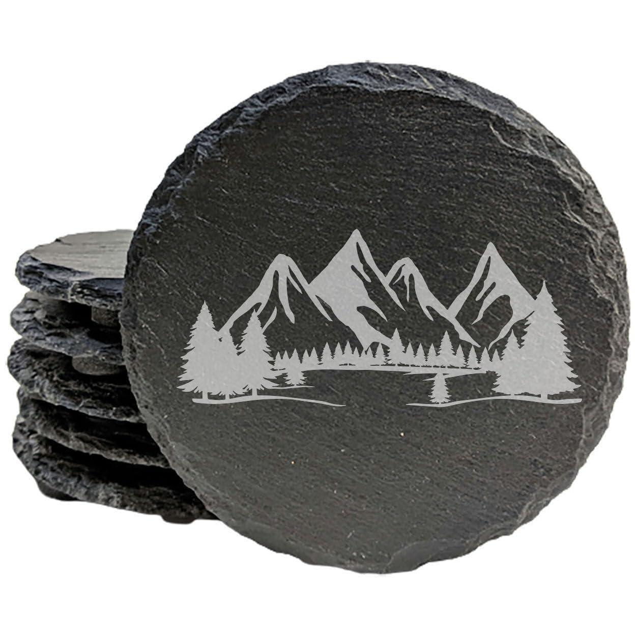 McIntosh Woodworking & Laser Engraving \"Mountain Majesty\" Slate Coasters with Stunning Mountain Scene Design - Perfect for Home and Office Decor and Protection of Surfaces, available in square or round Coasters - Round Slate - set of 8