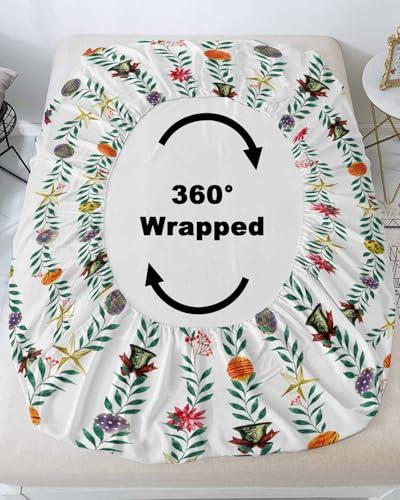 Chees D Zone Twin XL Fitted Sheet Deep Pocket Bed Sheets with Elastic, Christmas Colorful Bell Star Green Leaf Soft Brushed Microfiber Bed Sheet Set, Xmas Ornaments on White Mattress Cover with 2 Pillowcase