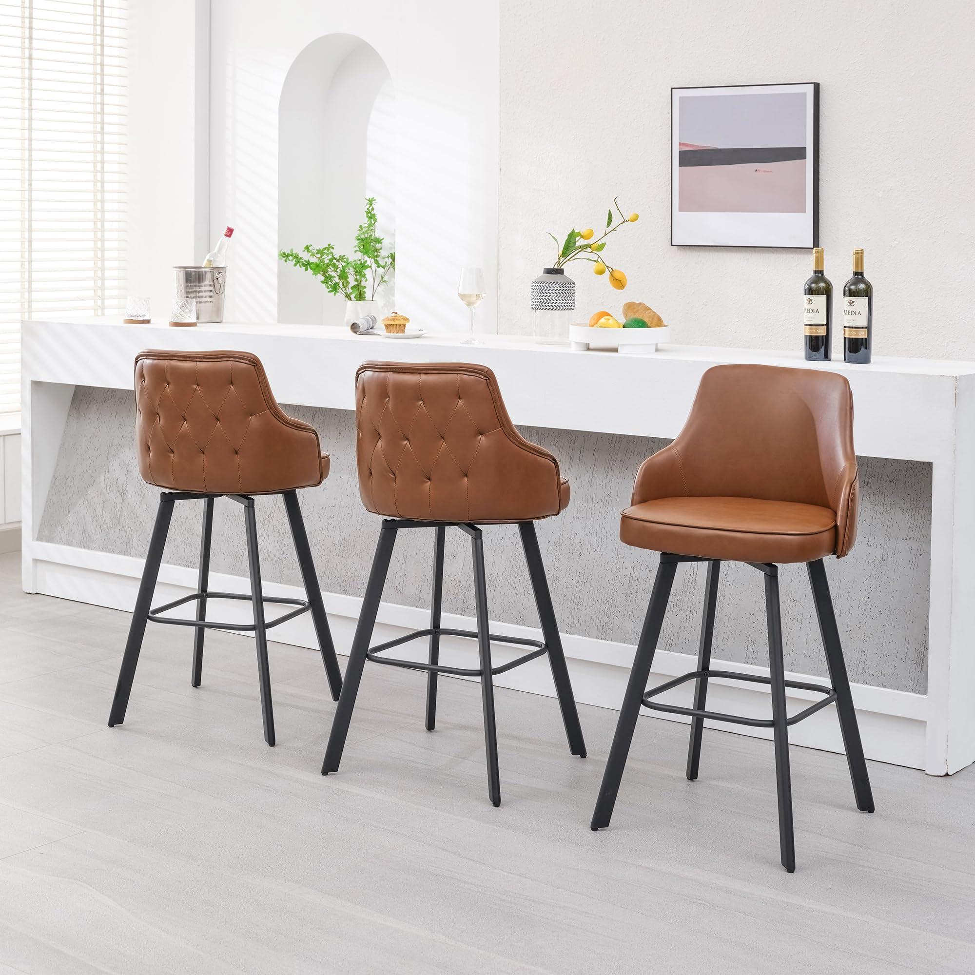 FIRAVOE FIRAVOE Bar Stools Set of 3, 30\" Swivel Bar Height Bar Stools with High Back, Faux Leather Kitchen Barstools Bar Height for Kitchen Island (Dark Brown, 3PCS 30\" Bar Stools)