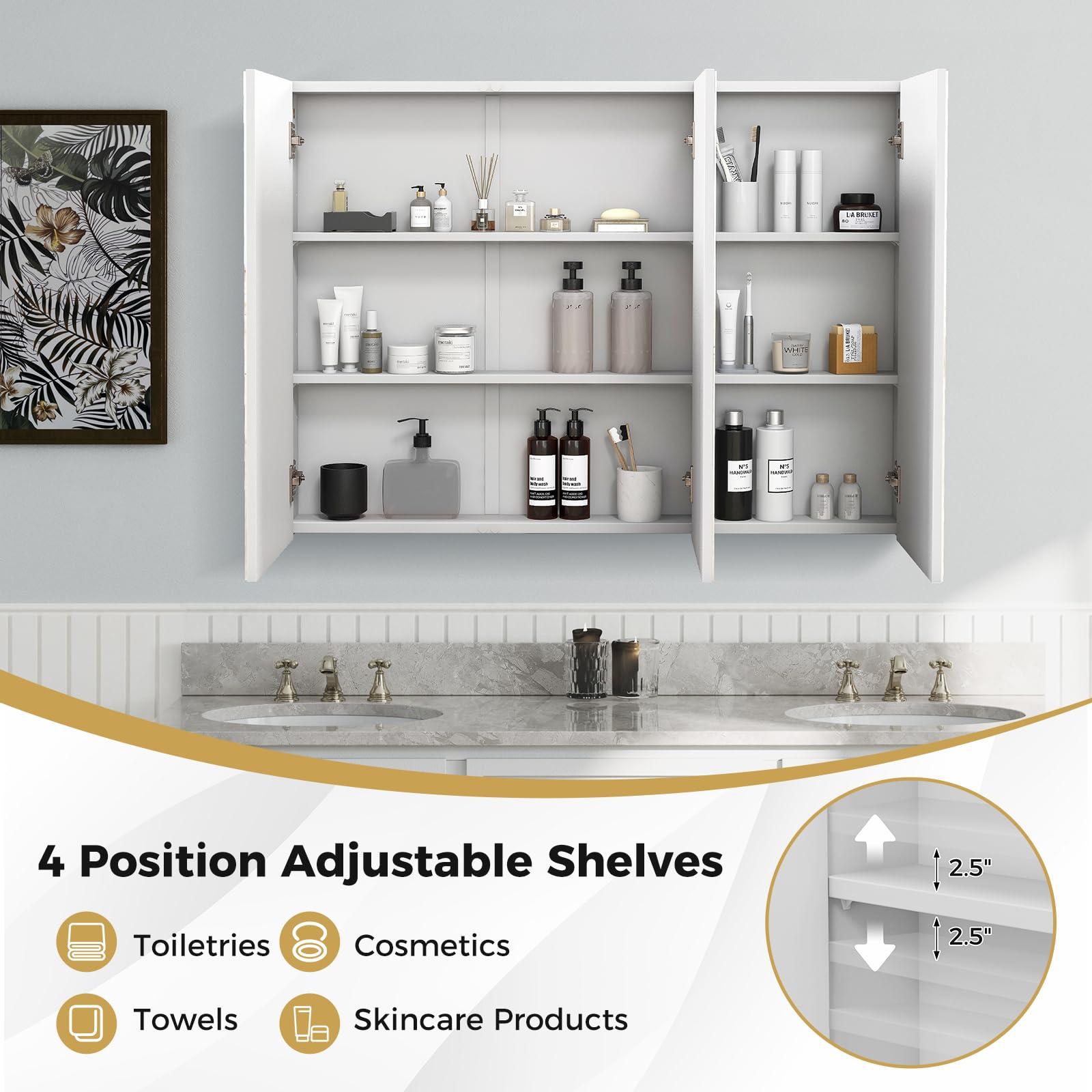 LOKO LOKO Large Bathroom Medicine Cabinet with Mirror, Wall Mounted Bathroom Cabinet with 3 Mirrored Doors & Adjustable Shelves, Triple Mirror Door Bathroom Wall Cabinet, 36 x 4.5 x 25.5 Inches