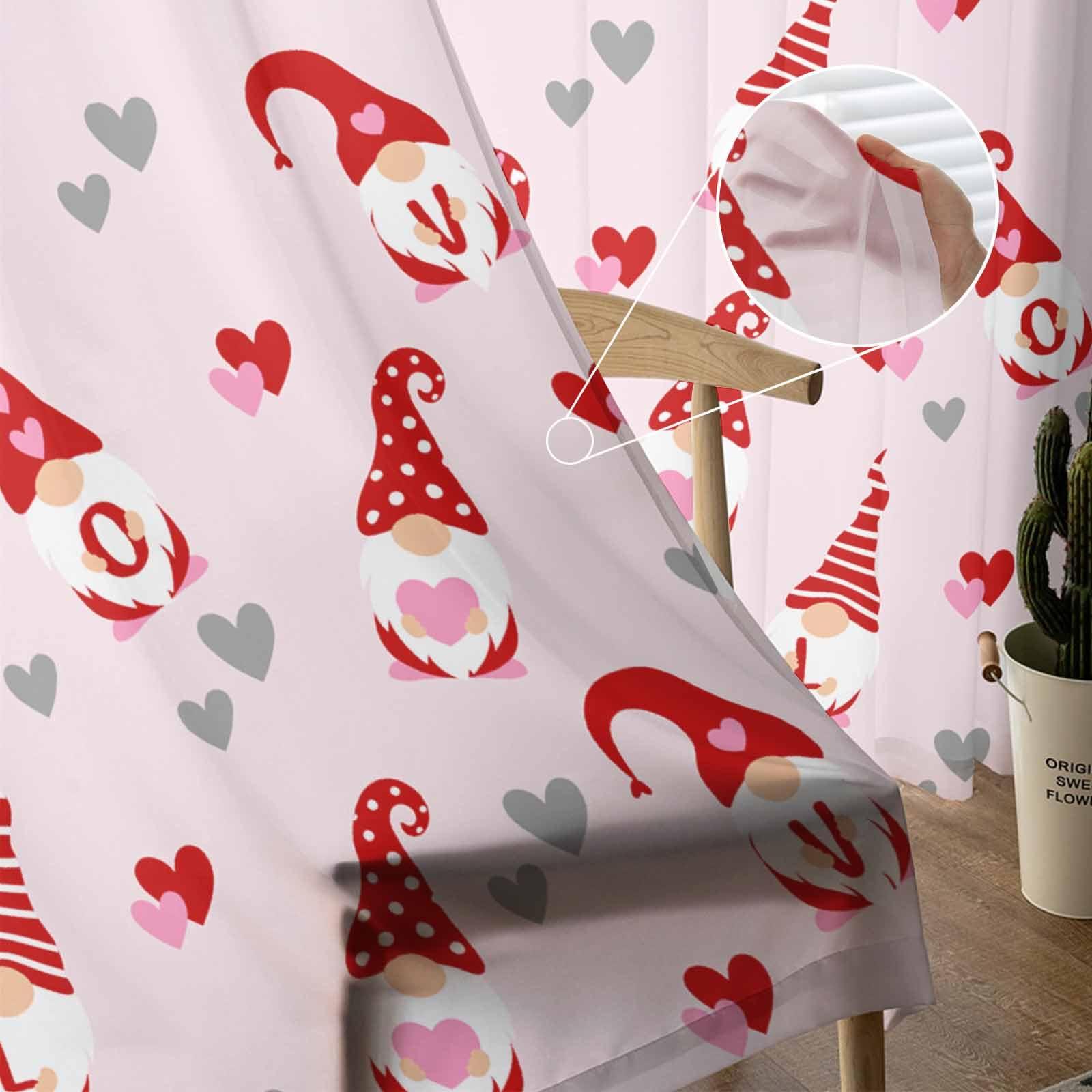Wowouhiya Wowouhiya Valentine's Sheer Curtains 108 Inches Length 2 Panels Set Bedroom Curtain Drapes, Red Gnomes Love Heart Pink Semi Curtain Sheers for Living Room/Cafe, Rod Pocket Voile Window Treatment