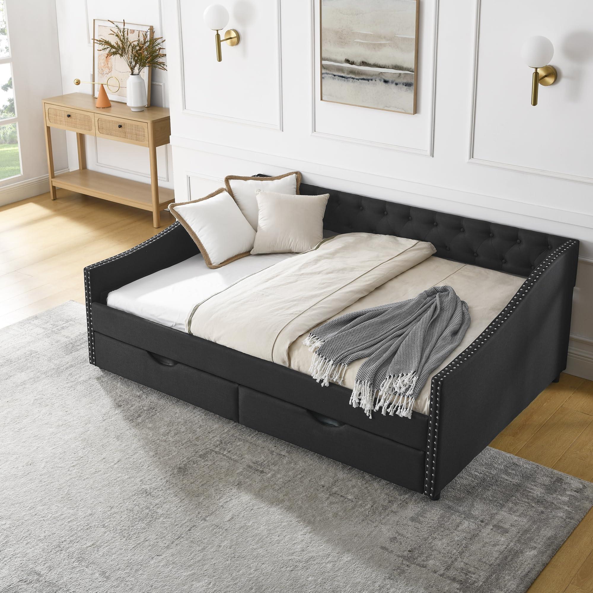 Flieks Flieks Linen Upholstered Full Daybed with Two Storage Drawers, Full Size Button Tufted Sofa Bed Daybed with Nailhead Trim and Wood Slat Support (Black)