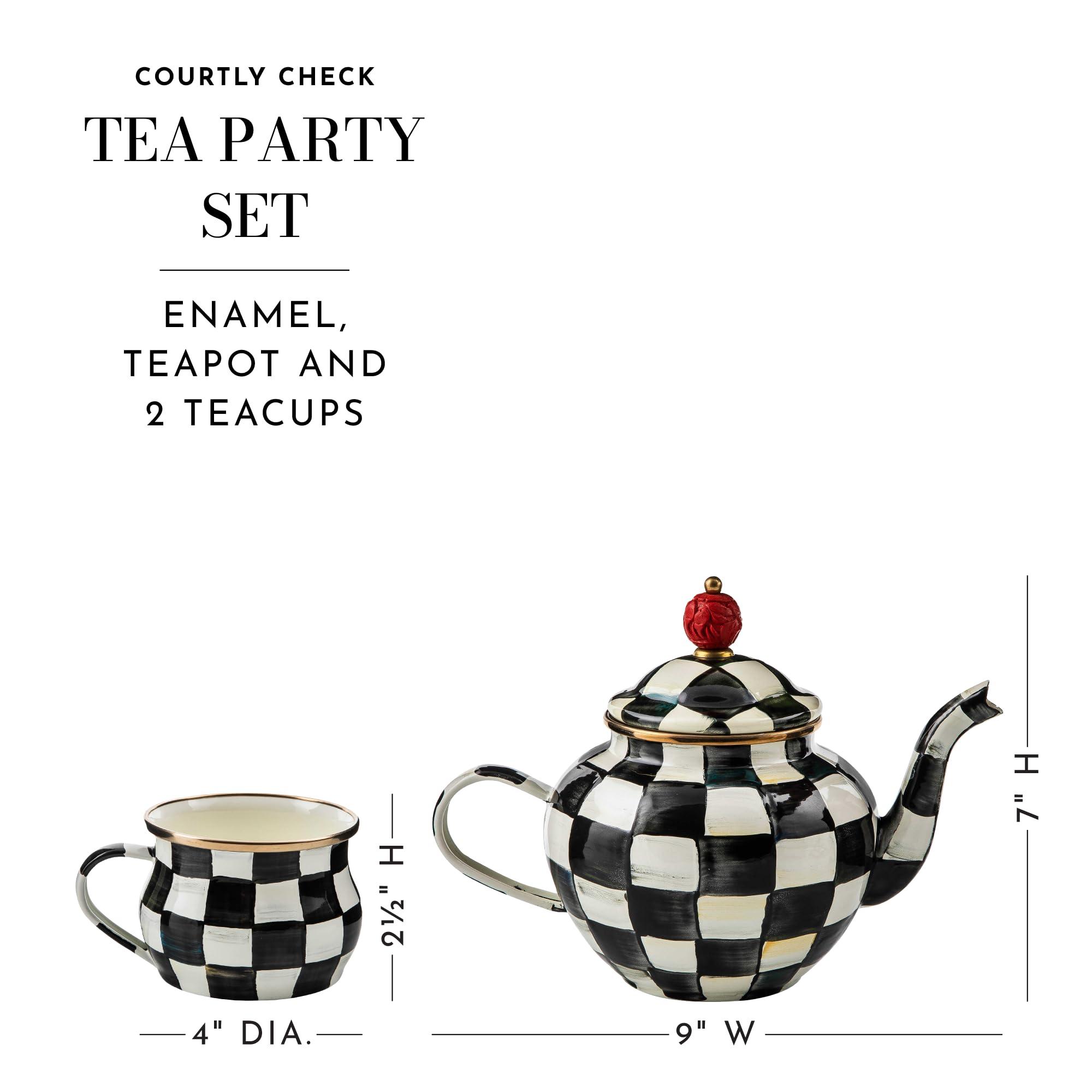 MACKENZIE-CHILDS MACKENZIE-CHILDS Enamel Tea Party Set, Unique Teapot and Teacups, Tea Accessories Set, Black-and-White Courtly Check