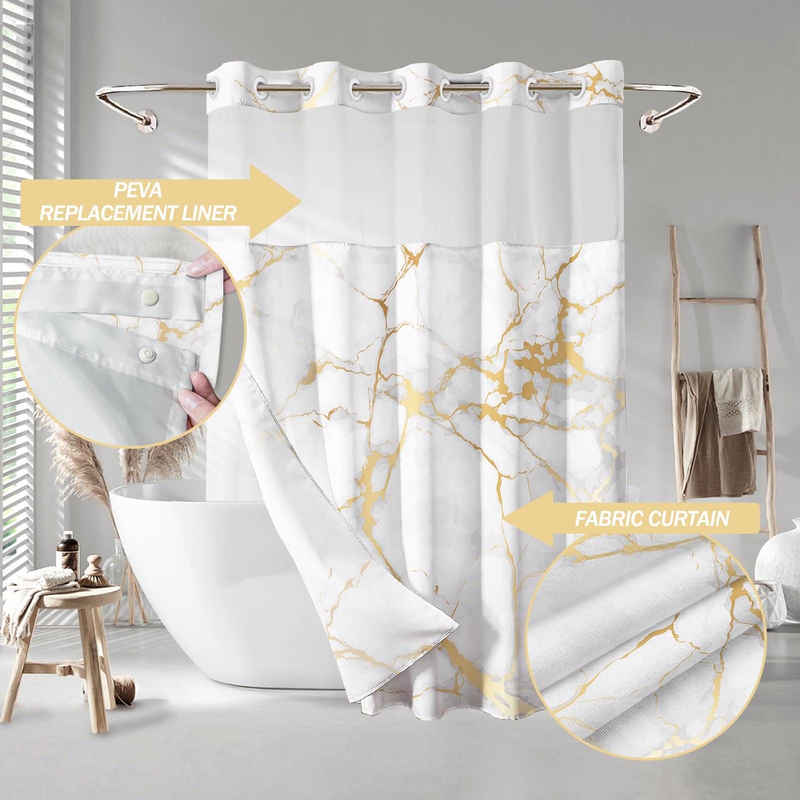 Lnond Lnond No Hook Shower Curtain with Snap in Liner, Marble Hookless Shower Curtain, White Gold Shower Curtain No Hooks,Machine Washable, 71\" (W) X 74\" (H)