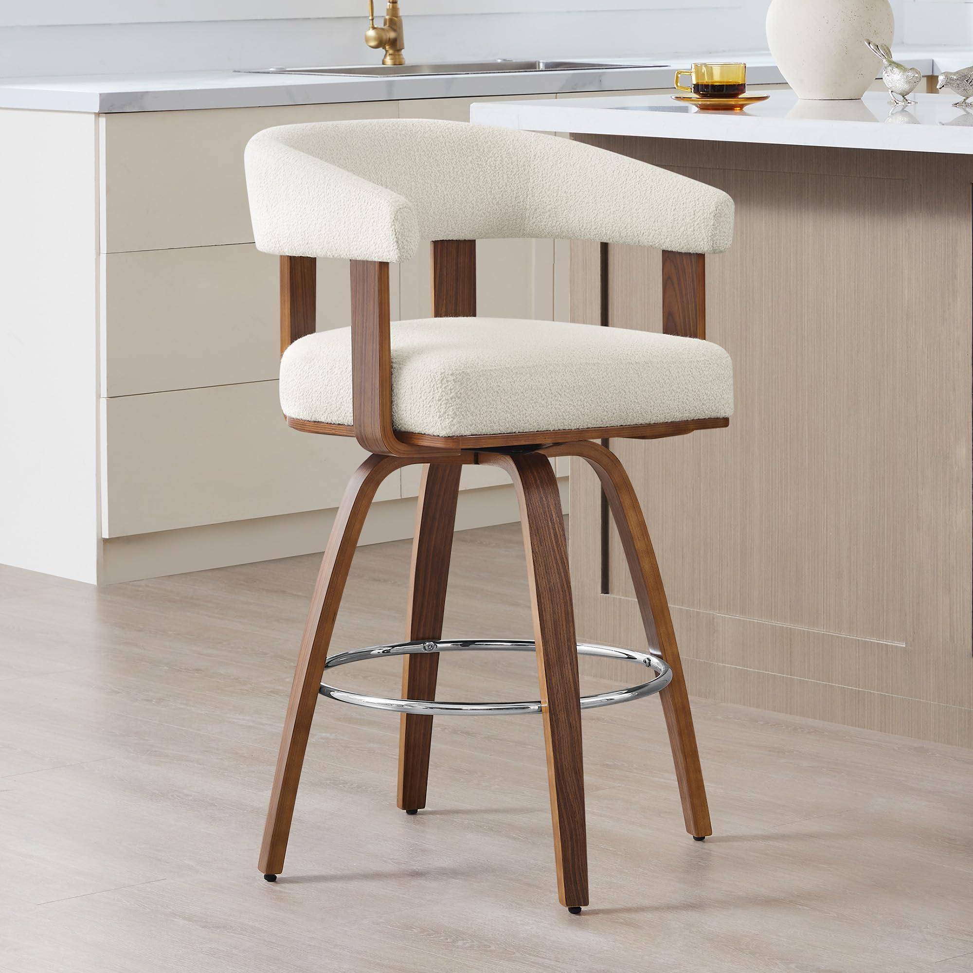 CHITA CHITA Swivel Counter Height Barstools Set of 2, FSC Certified Polyester Upholstered Bar Stools with Back and Armrest for Kitchen Island Home Bar, 27\" Seat Height, Cream with Walnut Frame