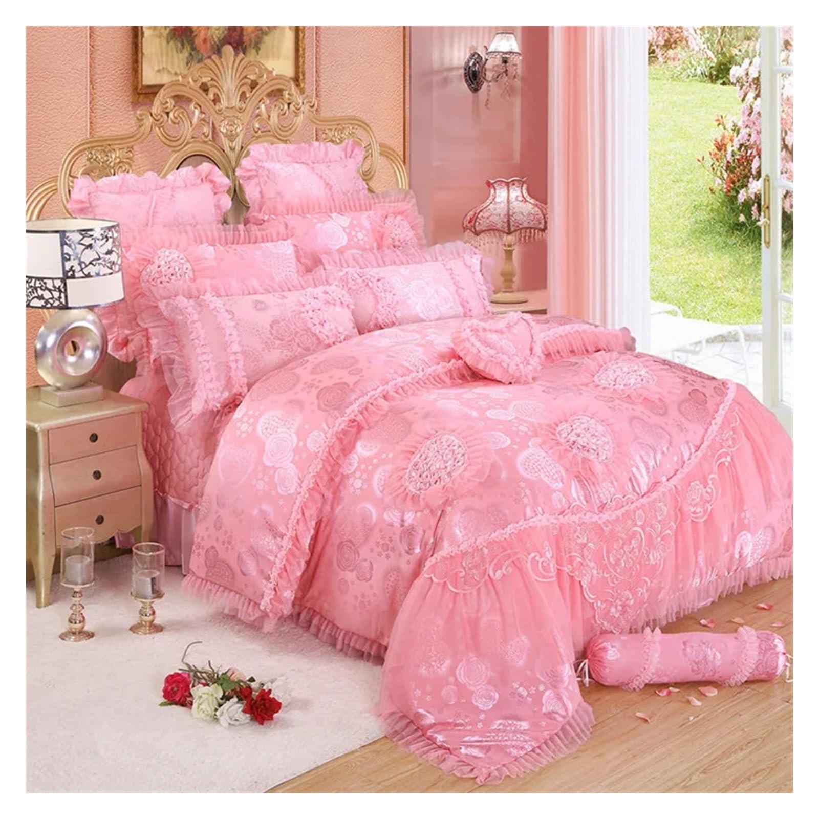 ADovz ADovz Red Pink Lace Princess Bedding Set 4/6/8pcs Luxury Girls Wedding Bed Set Quilt Cover Bed Sheets Queen King Size,Bed Sheets