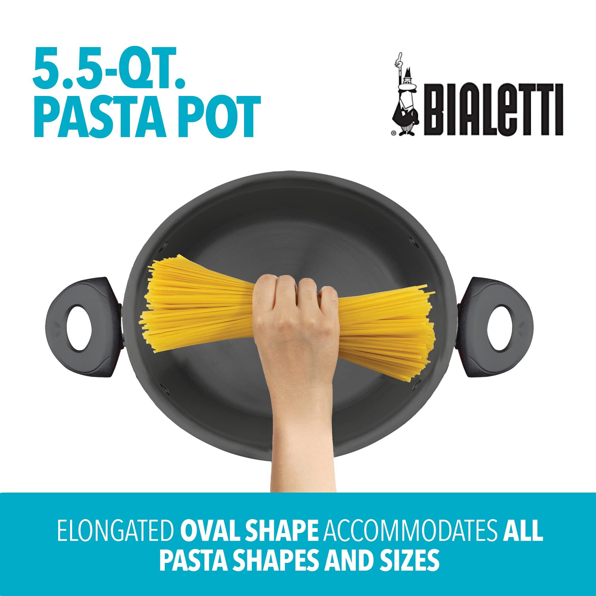 Bialetti Bialetti 5.5 Quart Pasta Pot with Strainer Lid, Red Elongated Oval Pot for Longer Spaghetti, Lasagna, Penne & Farfalle Noodles, Heat Resistant Handles & Nonstick Interior, Large Pot for Cooking