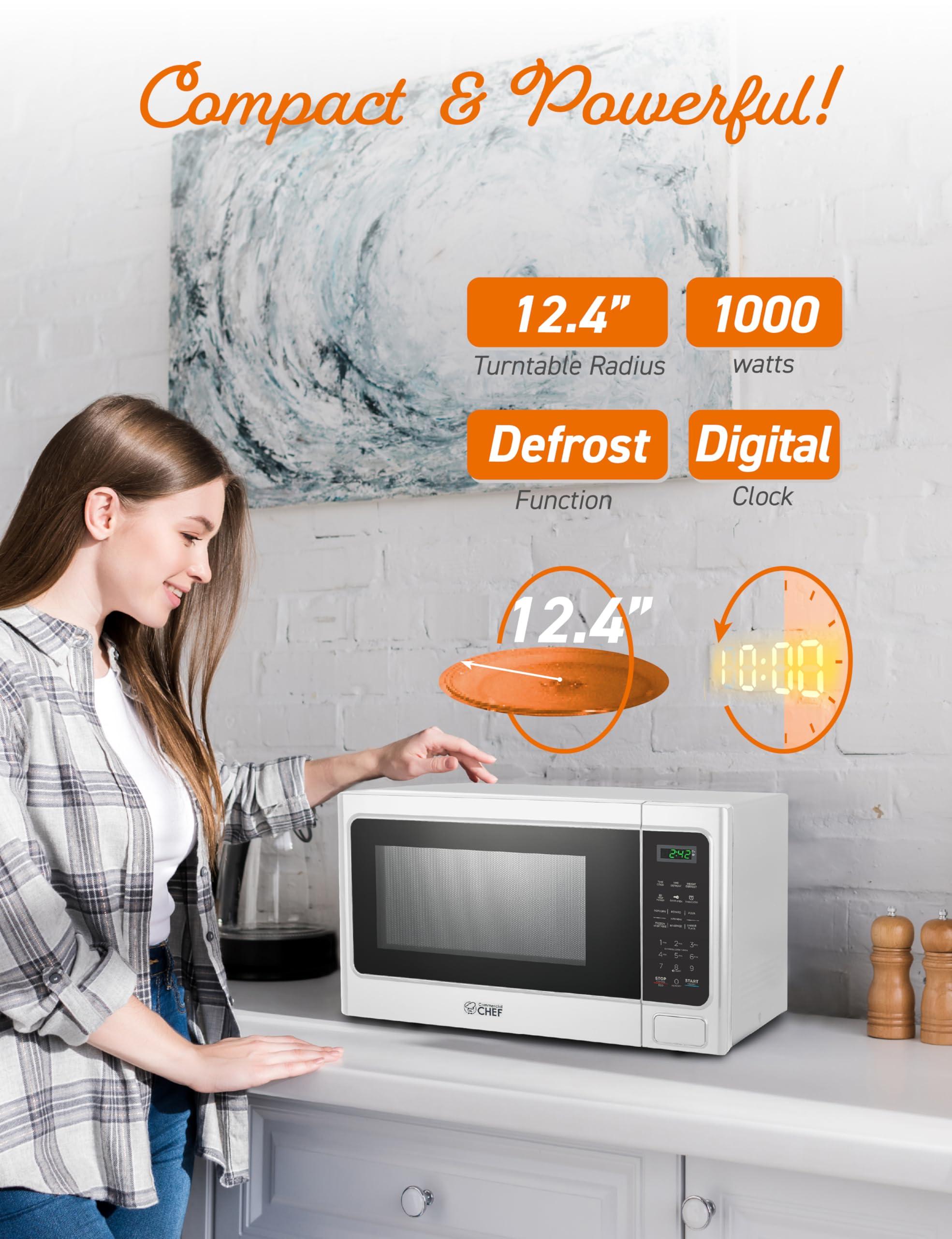 Commercial CHEF COMMERCIAL CHEF Microwave 1.3 Cu Ft with 10 Power Levels, Microwave with Push Button Door Lock, 1000W Countertop Microwave with Timer and Digital Controls, White
