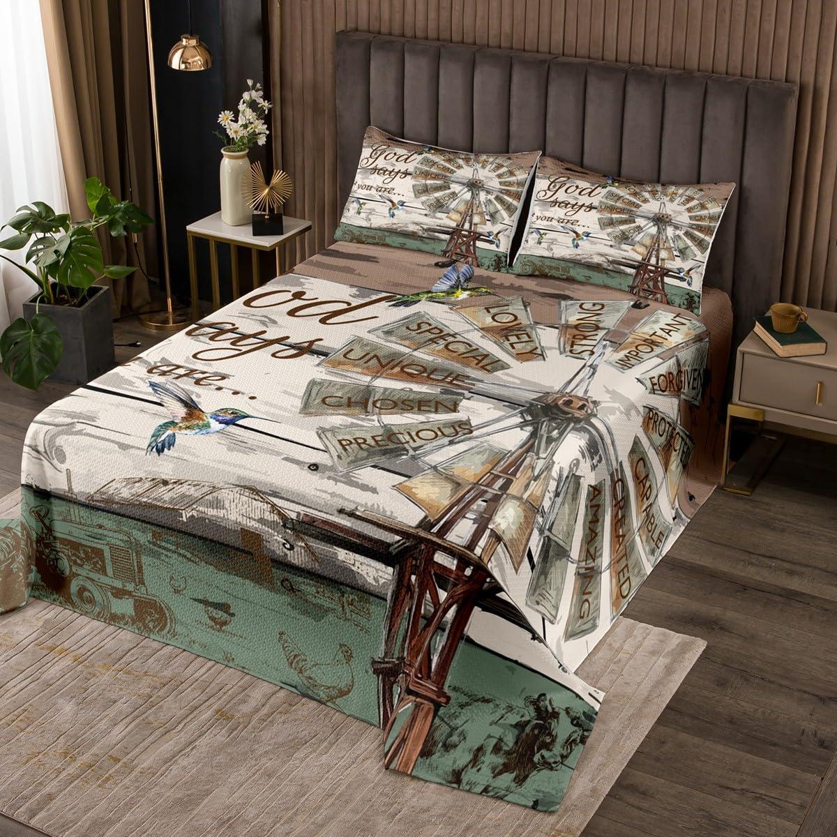 Erosebridal Rustic Farmhouse Quilt Set Queen Size, Vintage Country Windmill Coverlet Set For Kids Teens Adult Women Bedroom,Farm Animal Cabin Bedspread Set Western Wood Barn Door Bed Set With 2 Pillow Cases