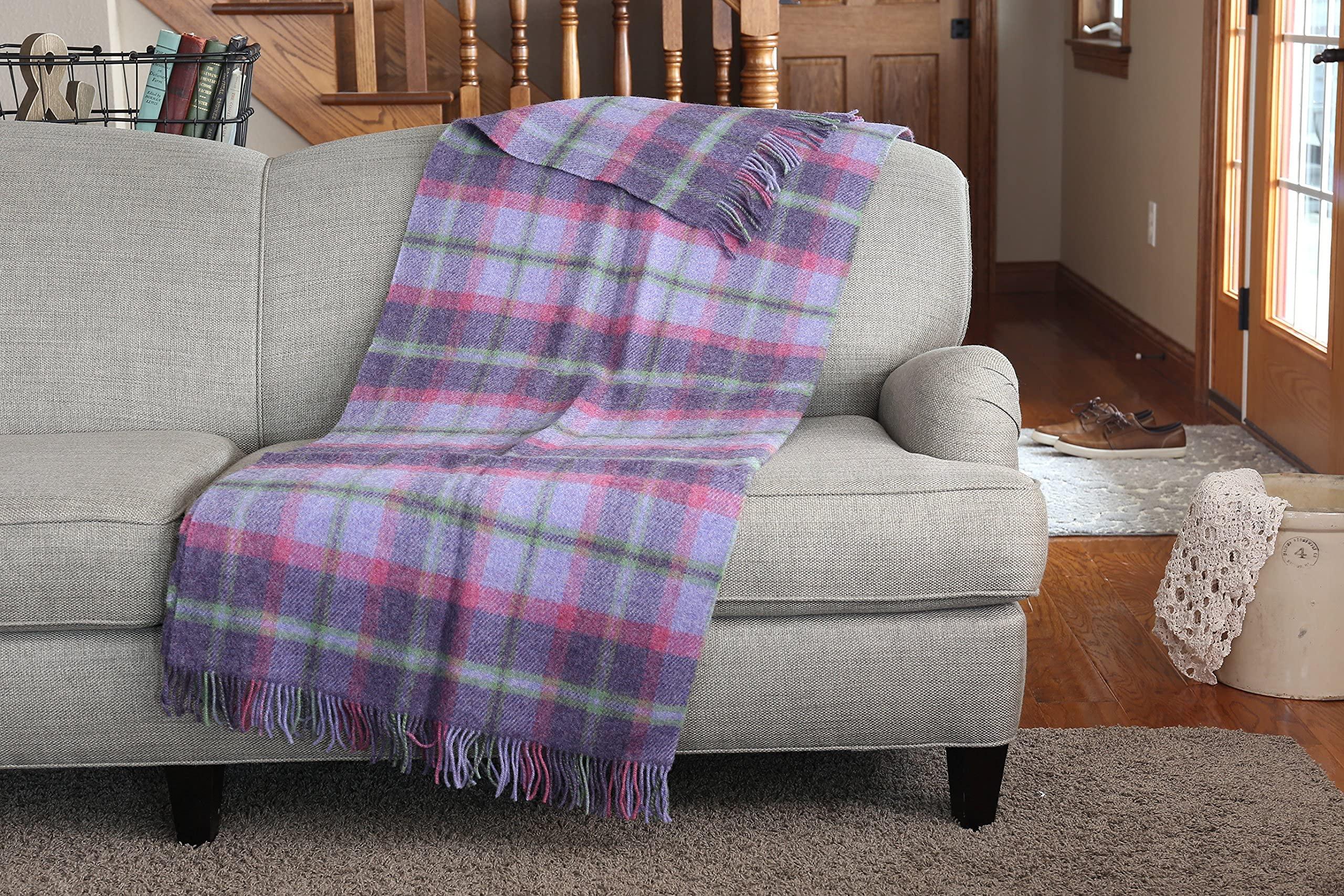 Biddy Murphy Genuine Irish, 100% Wool Throw & Toss Blanket, Traditional Plaid Print, Soft Warm Heirloom Quality Lambswool, Imported from Ireland, 54\" x 72\" Inches, Purple