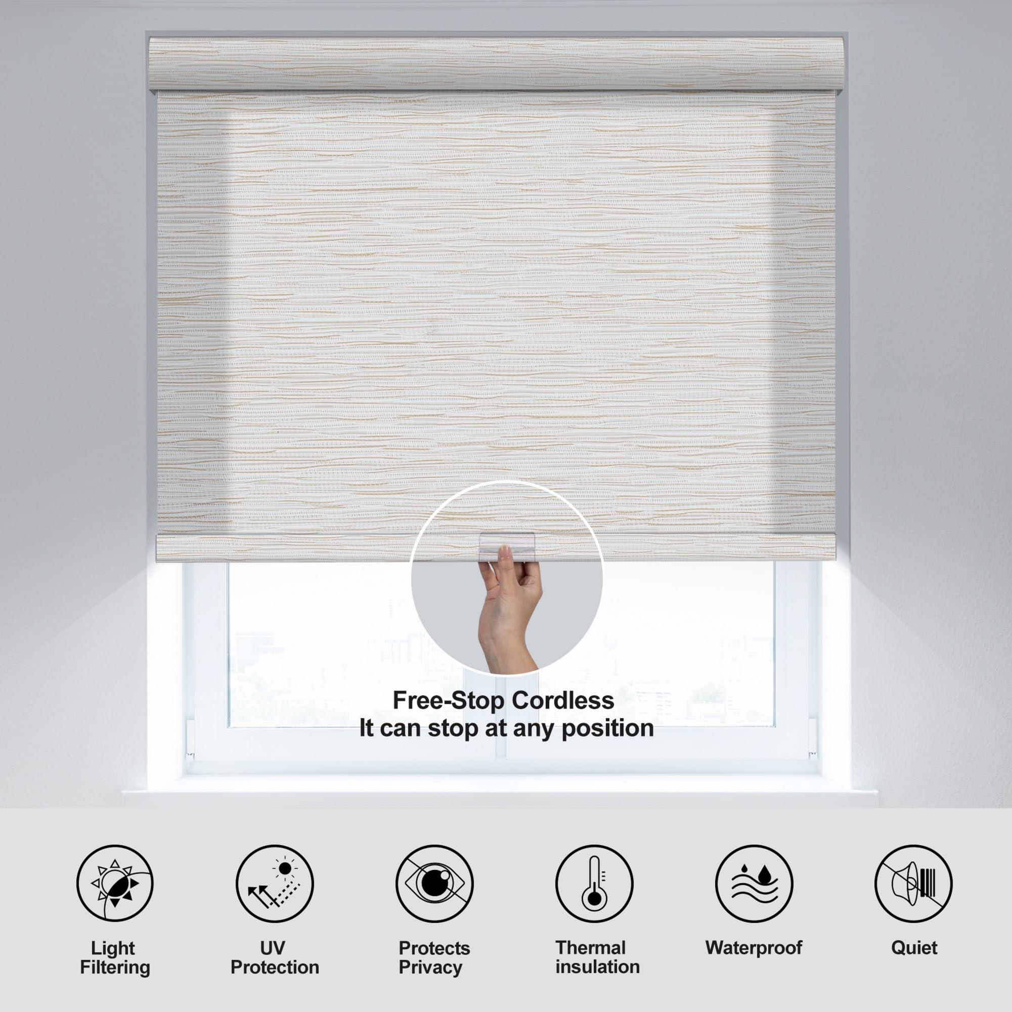 Sulugood Sulugood Roller Shades for Windows,Light Filtering Roller Blinds with Cassette Valance,Window Blinds,Jacquard Thermal Insulation Energy Saving Cordless Shades for Home Door,Beige,51" W x 56" H