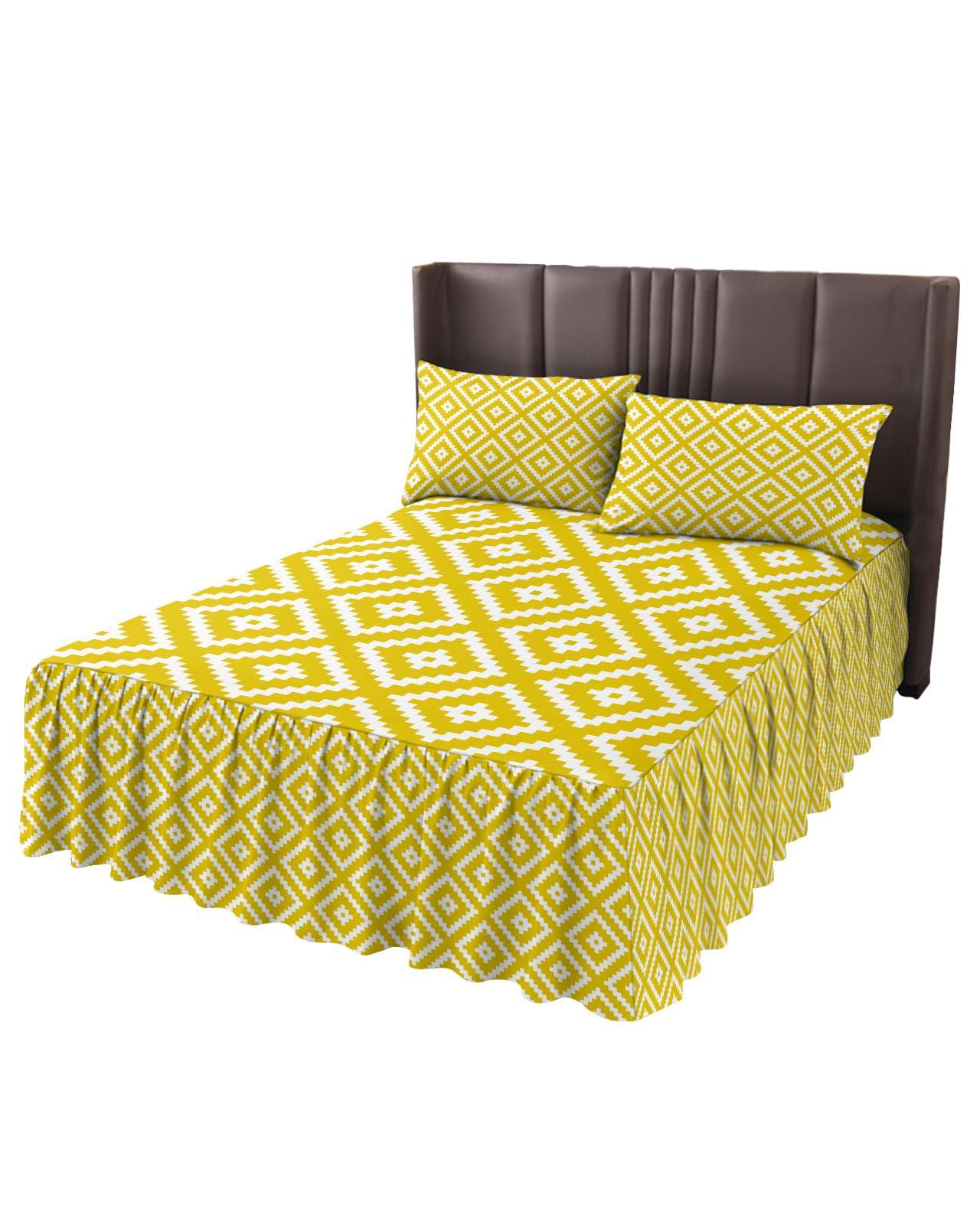 PRINT PICTURE ARTHOME Bed Skirt Full Size 18 Inch Drop, Yellow Wrap Around Bed Skirts Set - 1 Bed Sheet & 2 Pillowcase(30\"x20\"), Geometric Square Texture Dust Ruffle Bedding Sets