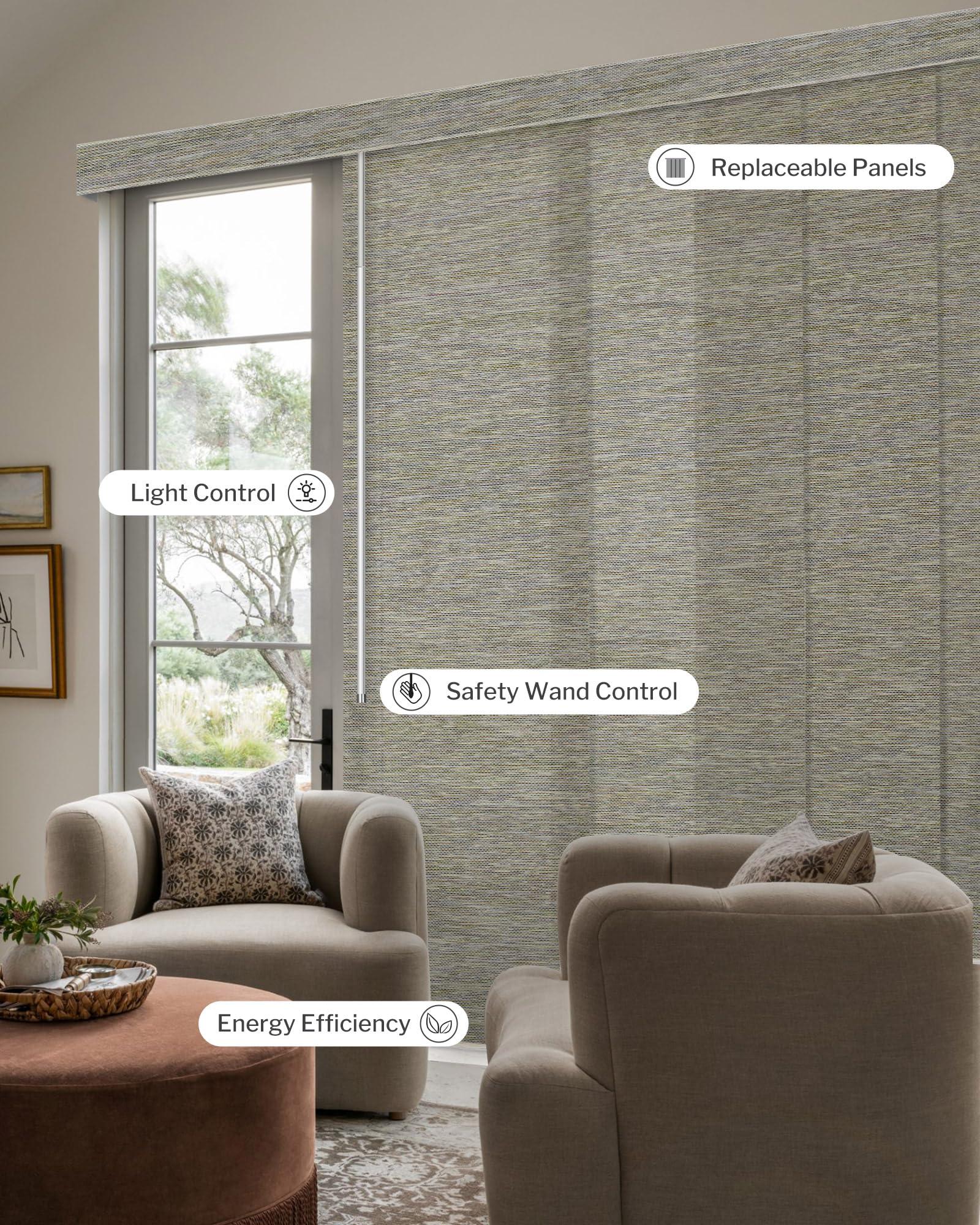 Graywind Graywind Manual Sliding Panels Natural Woven Panel Track Blinds Wand Control Window Blinds for Patio Sliding Glass Door Large Windows Width Up to 153", Custom Size (Terrazzo)