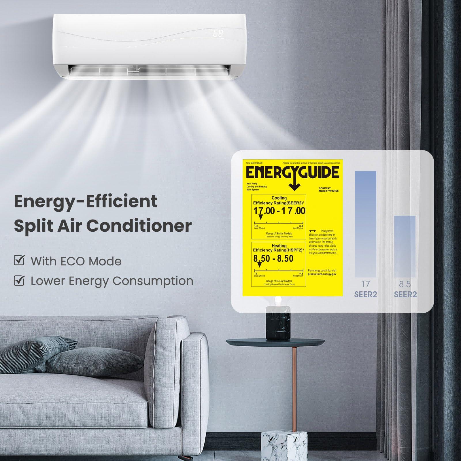 KOTEK KOTEK 9000 BTU Mini Split AC/Heating System, 17 SEER2 Inverter Ductless AC Unit, Cools Up to 450 Sq. Ft, Wall Mounted Air Conditioner with Heat Pump & Installation Kit (9000BTU, 208-230V, 17 SEER2)