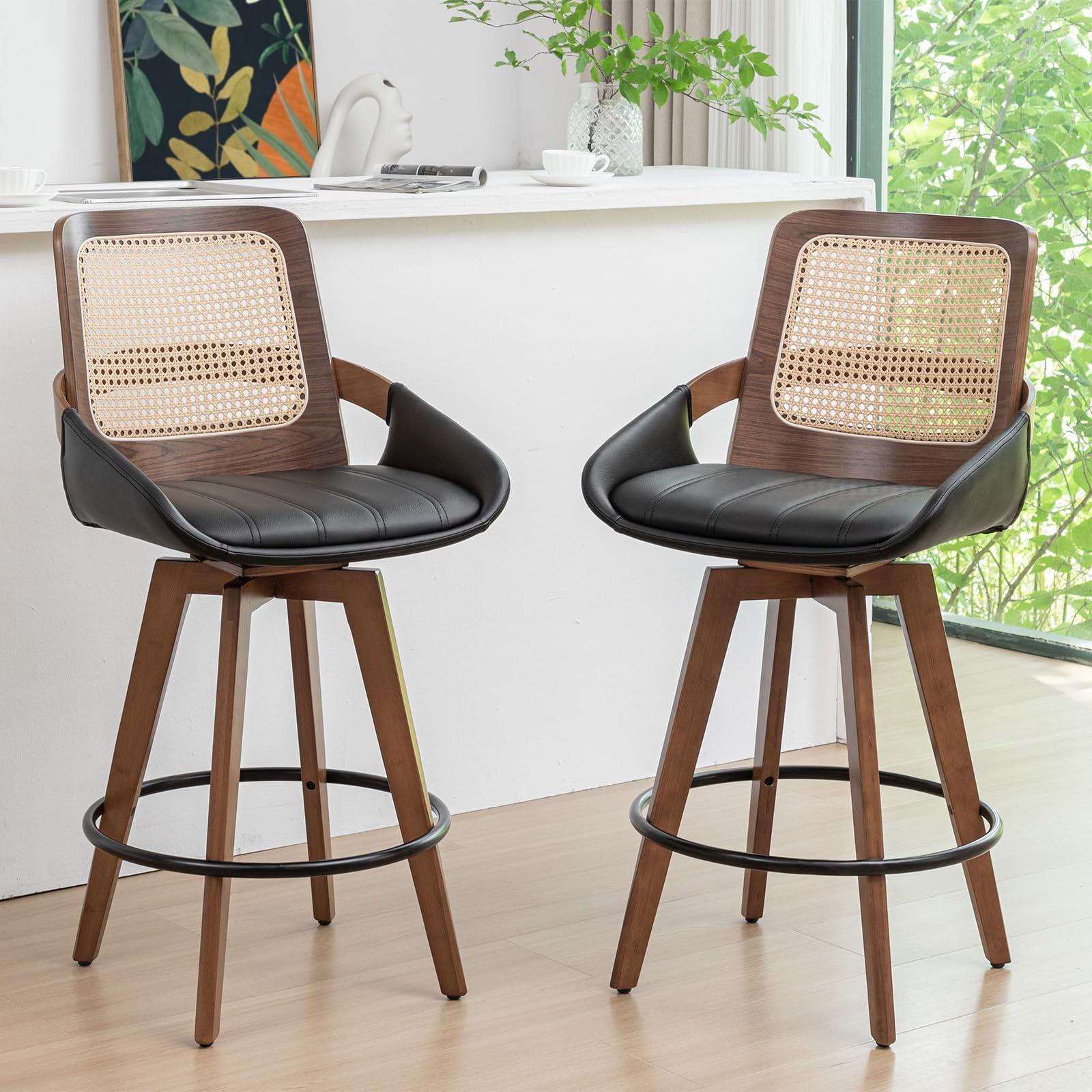 KUNZENT Set of 2 Swivel Rattan Counter Stools - 26.4 inch Mid Century Modern Bar Stools with Cane Back, Upholstered Seat, Curved Arms, Faux Leather Bar Stools for Kitchen/Island/Counter (Walnut Black)