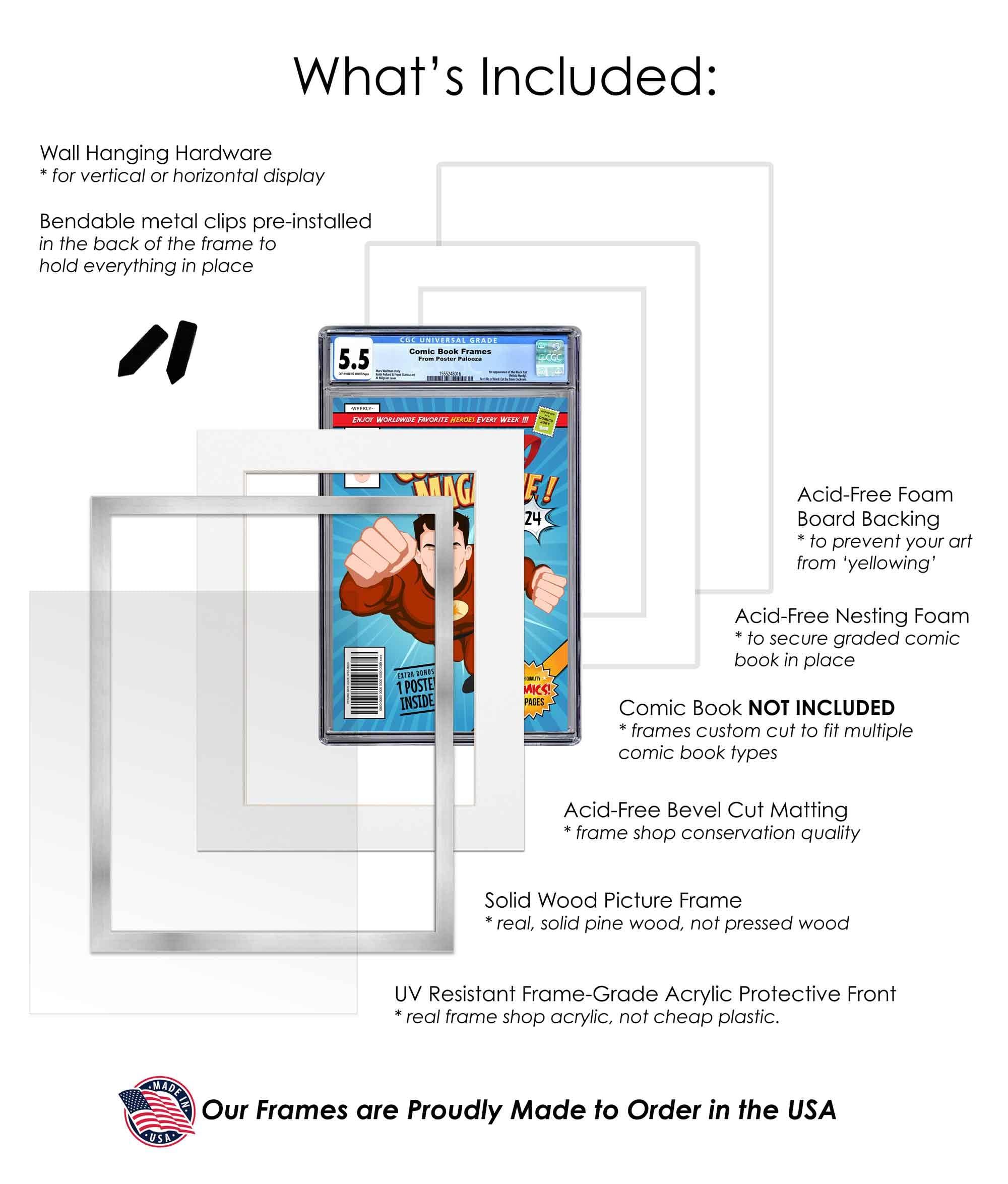 Poster Palooza Poster Palooza Comic Book Frame Wall Display with Mat for 3 CGC, CBCS OR PGX Graded Comics - Silver Comic Frame for 8.125x13 Comics