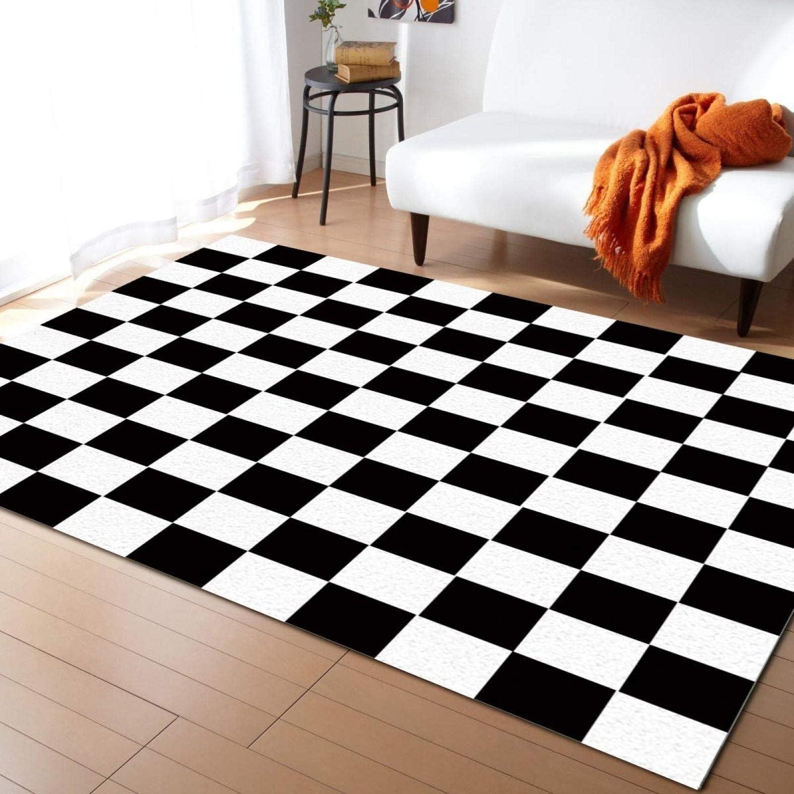 ELLECO Black and White Grid Area Rug, Checkered Flag Racing Rugs Floor Carpet, Indoor Non-Slip Rug for Room Sofa Living Room Mat Bedroom Home Decor Floor Mats 6.6ftx5.3ft