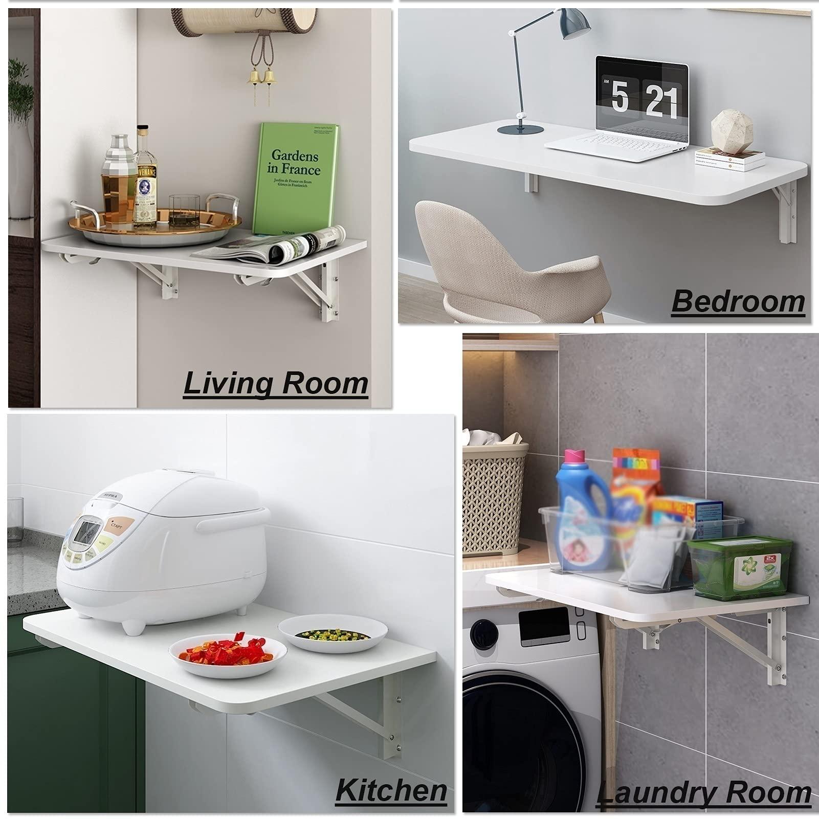 DUSXLX Breakfast Bar Table, Computer Workstations, Folding Wall Mounted Tables Fold-Down Wall Table Kitchen Drop Leaf Dining Table Work Table | Small Space Saving Hanging Table, White