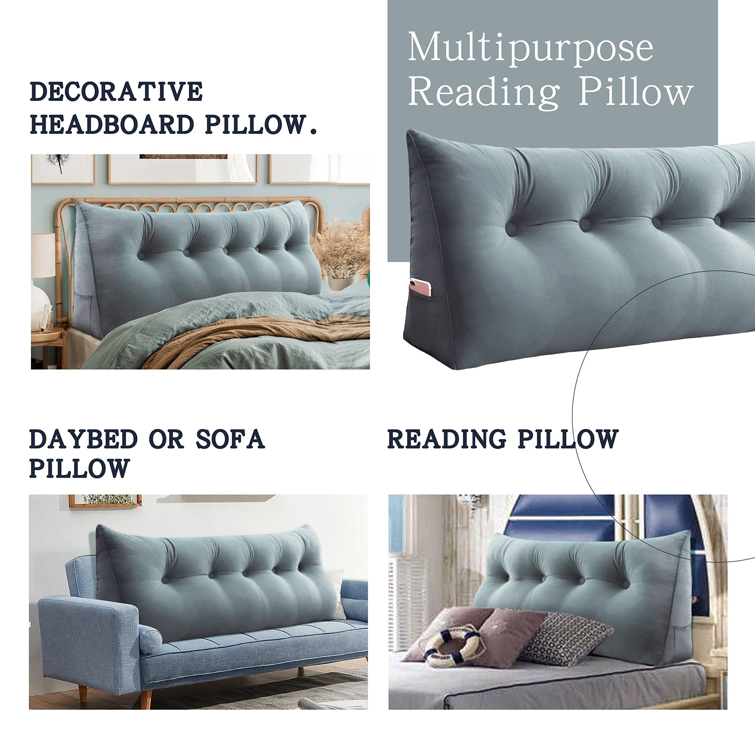VERCART VERCART Large Headboard Pillow Wedge Bed Rest Reading Pillow Daybed Pillows Triangular Headboard Wedge Pillows Bolster Gap Filler Triangle Back Cushion Long Wedge Pillow, Velvet Light Gray Twin
