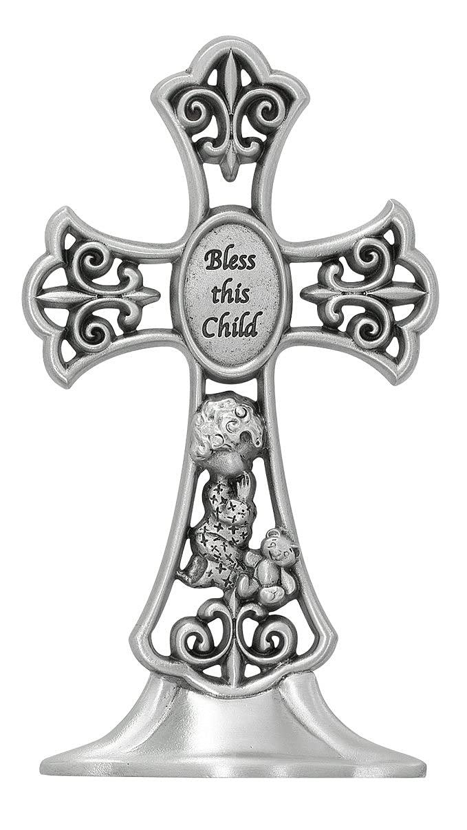 CatholicStore CatholicStore Praying Boy with Teddy Bear Bless This Child Standing Cross, Fine Pewter, 4-1/4\" Tall mcv-73-50