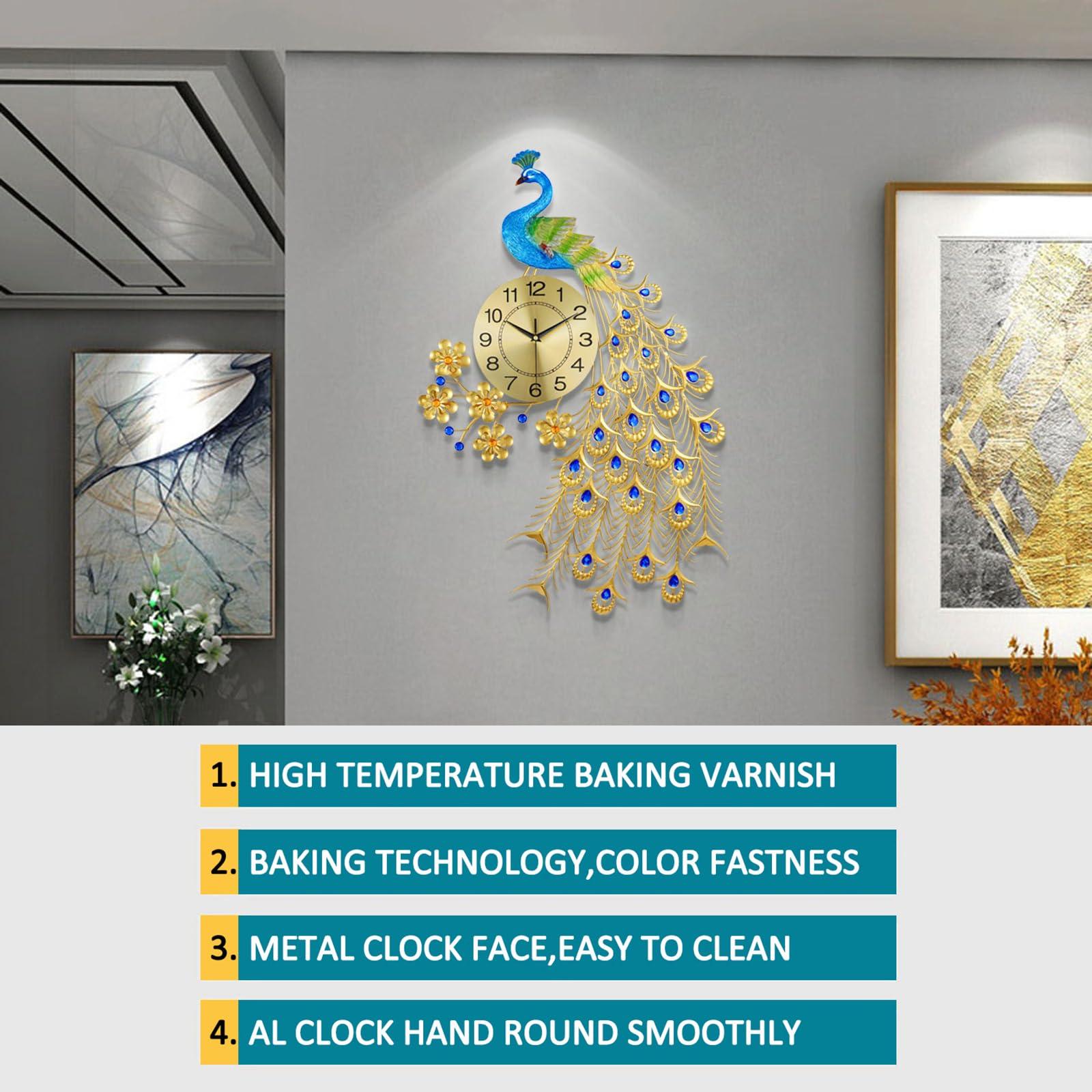 EURSON EURSON Large Peacock Wall Clock 31.5 inch Metal Design Non-Ticking Silent Art Digital Wall Clocks for Living Room Decor Gold