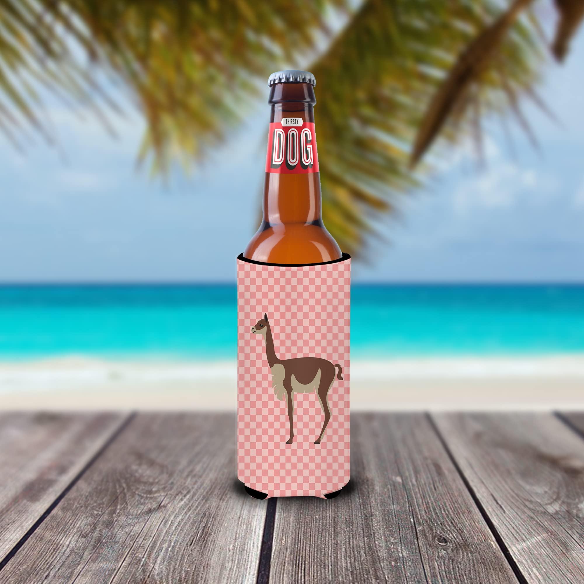 Caroline's Treasures Caroline's Treasures BB7917MUK Vicugna or Vicuna Pink Check Ultra Hugger for Slim cans Can Cooler Sleeve Hugger Machine Washable Drink Sleeve Hugger Collapsible Insulator Beverage Insulated Holder