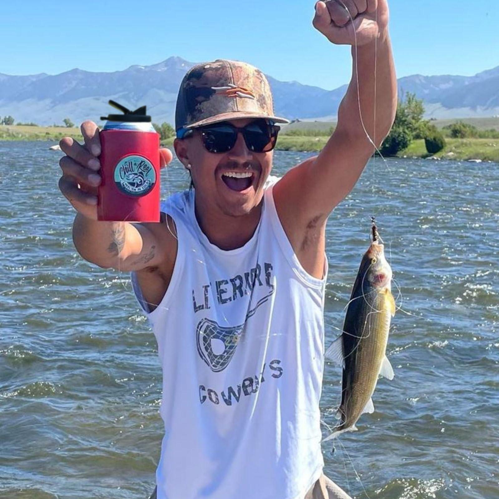 Chill-N-Reel Chill-N-Reel Fishing Can Cooler (from Shark Tank) | Hard Shell Drink Holder with Hand Line Reel Attached | Fits Standard Insulator Sleeves or Coozies | Unique Fun Fishing Gift (Crimson & Spill Guard)