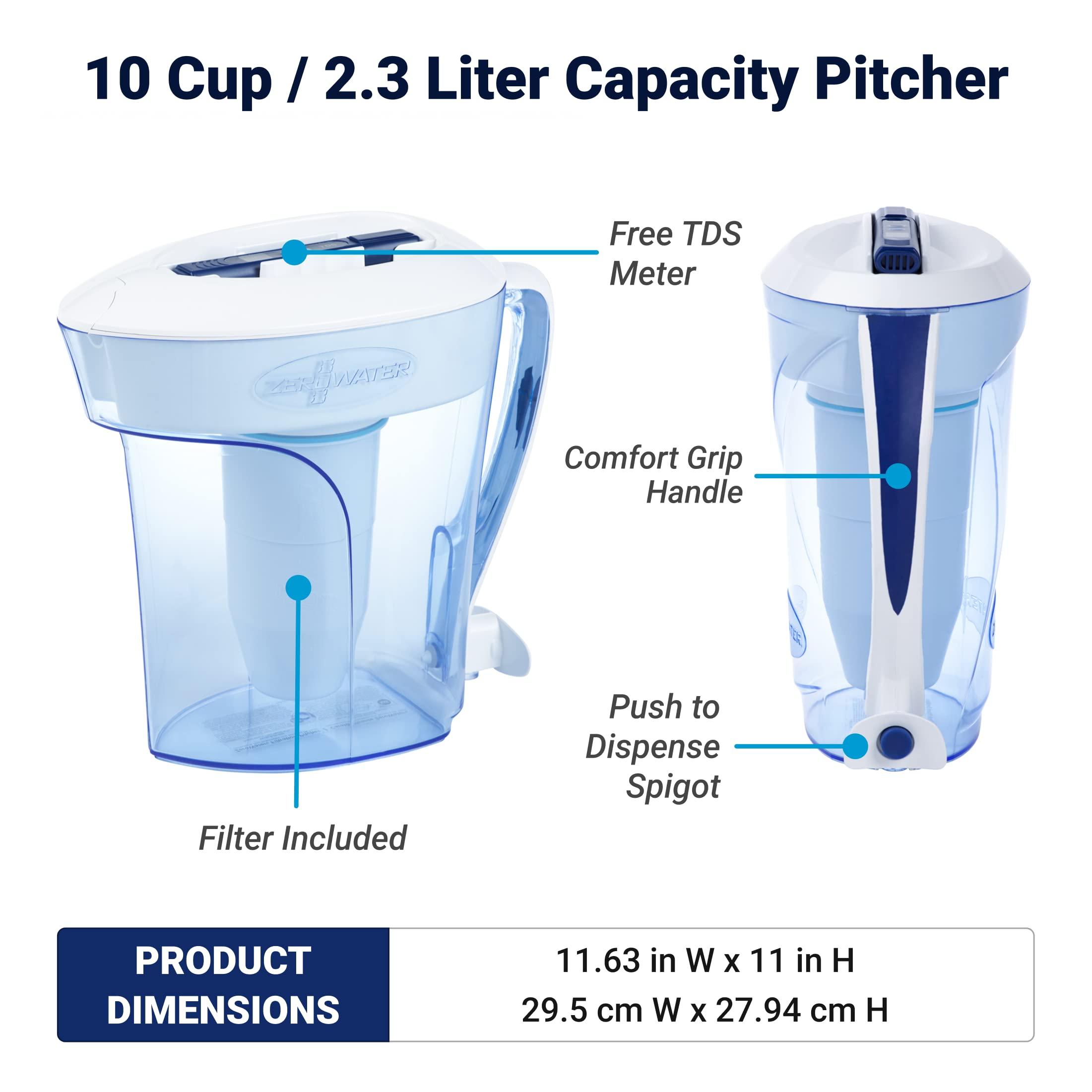 ZeroWater ZeroWater 10-Cup Ready-Pour 5-Stage Water Filter Pitcher 0 TDS for Improved Tap Water Taste - IAPMO Certified to Reduce Lead, Chromium, and PFOA/PFOS